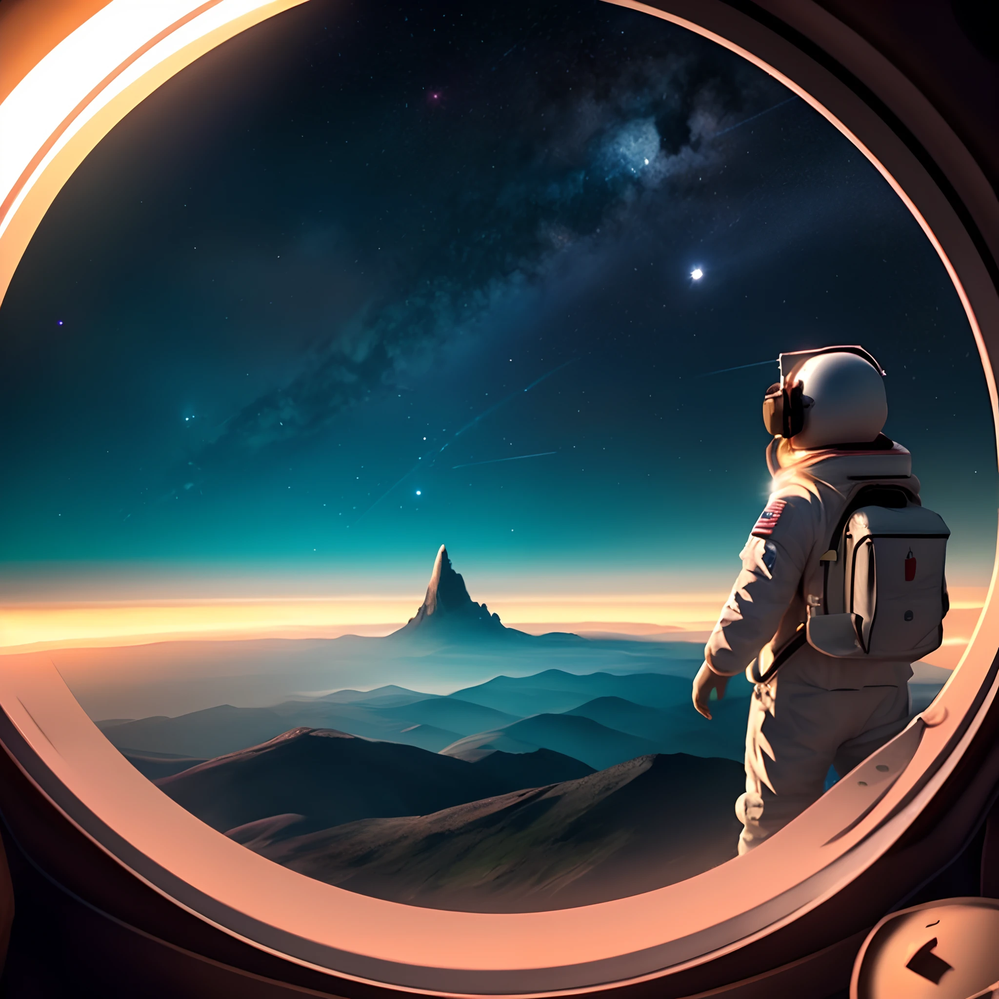 (best quality,4k,Altas,master part:1.2),ultra-detalhado,Realistic,Children in space suits,olhando para a Terra a partir da lua,foguete no fundo,Montanhas em tons de vermelho,illustration,space exploration,Vista inspiradora,Retratos,Paisagem da lua,textura detalhada,incredible perspective,Starry skies,Lunar Exploration,vivid colors,lush vegetation,crisp air,cratered surface,Terra iluminada pelo sol ao longe,Nascer do Sol no Horizonte,Reflexo da lente,capacetes de astronauta brilhantes,Futuristic space capsule,horizonte de longo alcance,sombras misteriosas,terreno extraterrestre,Ponto de vista espetacular,immersive experience,aventura,scientific discovery,commanding awe and admiration,Alpha Channel Transparency,cosmic atmosphere.