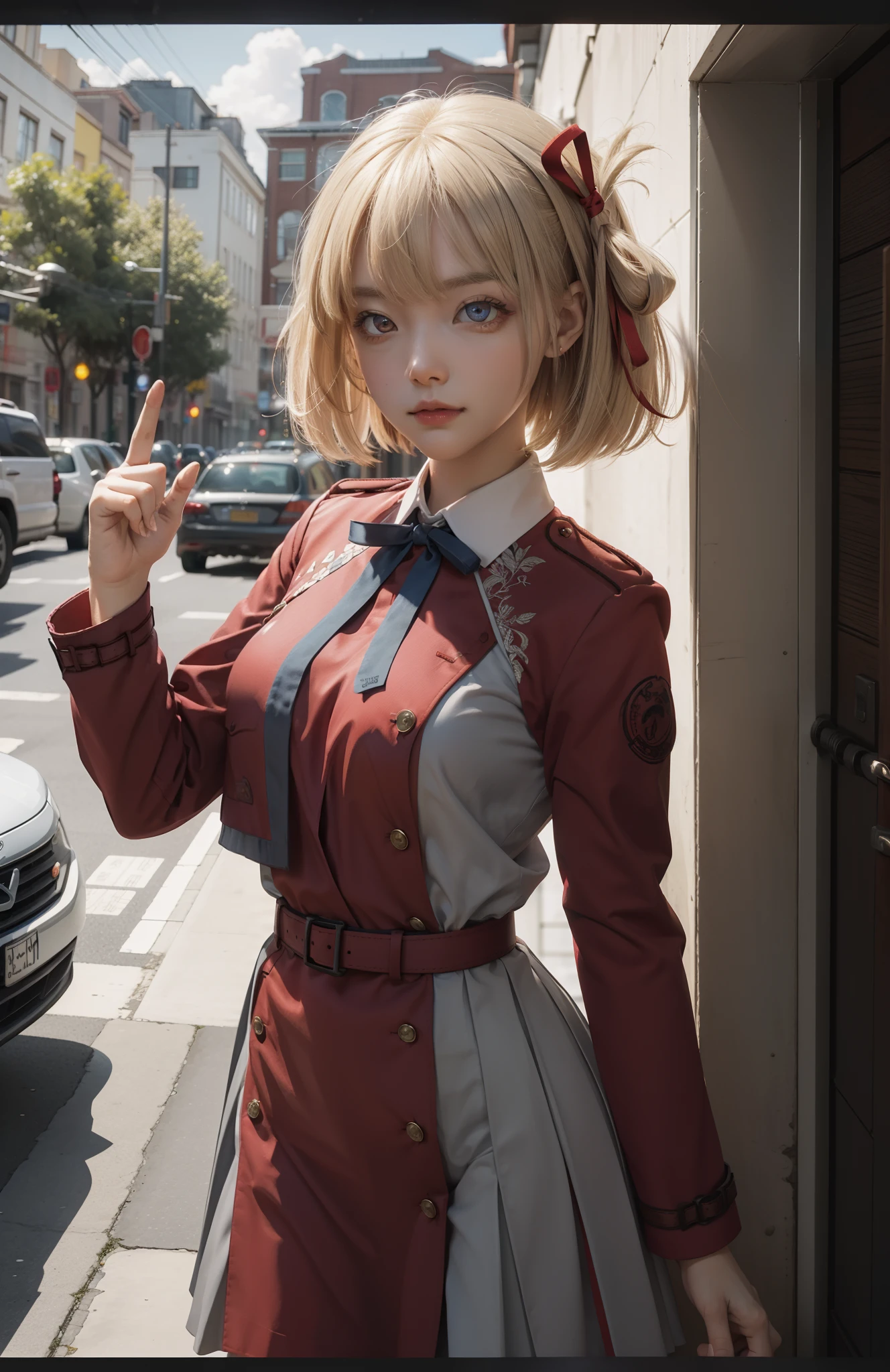 chisatonishikigi, nishikigi chisato, short hair, bangs, blonde hair, (red eyes:1.5), hair ribbon, one side up, bob cut,
BREAK shirt, long sleeves, dress, ribbon, white shirt, collared shirt, belt, neck ribbon, red dress, blue ribbon, pleated dress, grey dress, two-tone dress, red belt, lycoris uniform,,
BREAK outdoors, city,
BREAK looking at viewer, BREAK (masterpiece:1.2), best quality, high resolution, unity 8k wallpaper, (illustration:0.8), (beautiful detailed eyes:1.6), extremely detailed face, perfect lighting, extremely detailed CG, (perfect hands, perfect anatomy),