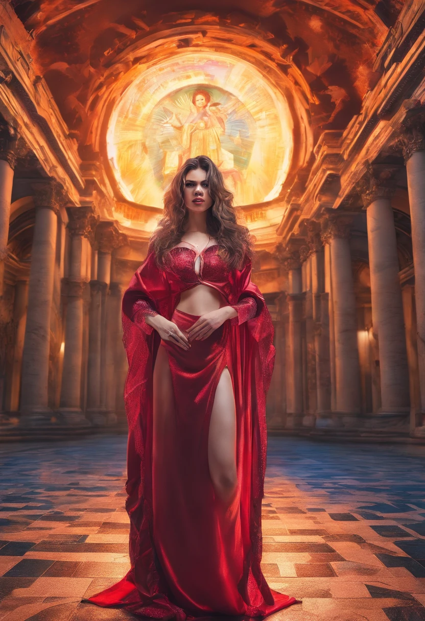 fantasy art, RPG art, photograph, RAW, (Ultra detailed: 1.5), Best Detailed, picture of a female vampire standing in St. Peter in the Vatican, an exquisute beautiful female vampire, full body, (best detailed face: 1.2), (grey skin: 1.2), red lips, (vampiric fangs1:1) (blood veins visible: 1.3), ultra feminie, blond hair, long hair, rich, flowing hair,wavy hair, red glowing eyes, wearing short dress, silk dress, intricate detaled dress, high heels, standing in St. Peter square in Vatican city, at night, full moon, stars in the sky, St. Peter square background, best quality, (extremely detailed), ultra wide shot, photorealism, depth of field, hyper realistic, 2.5 rendering,