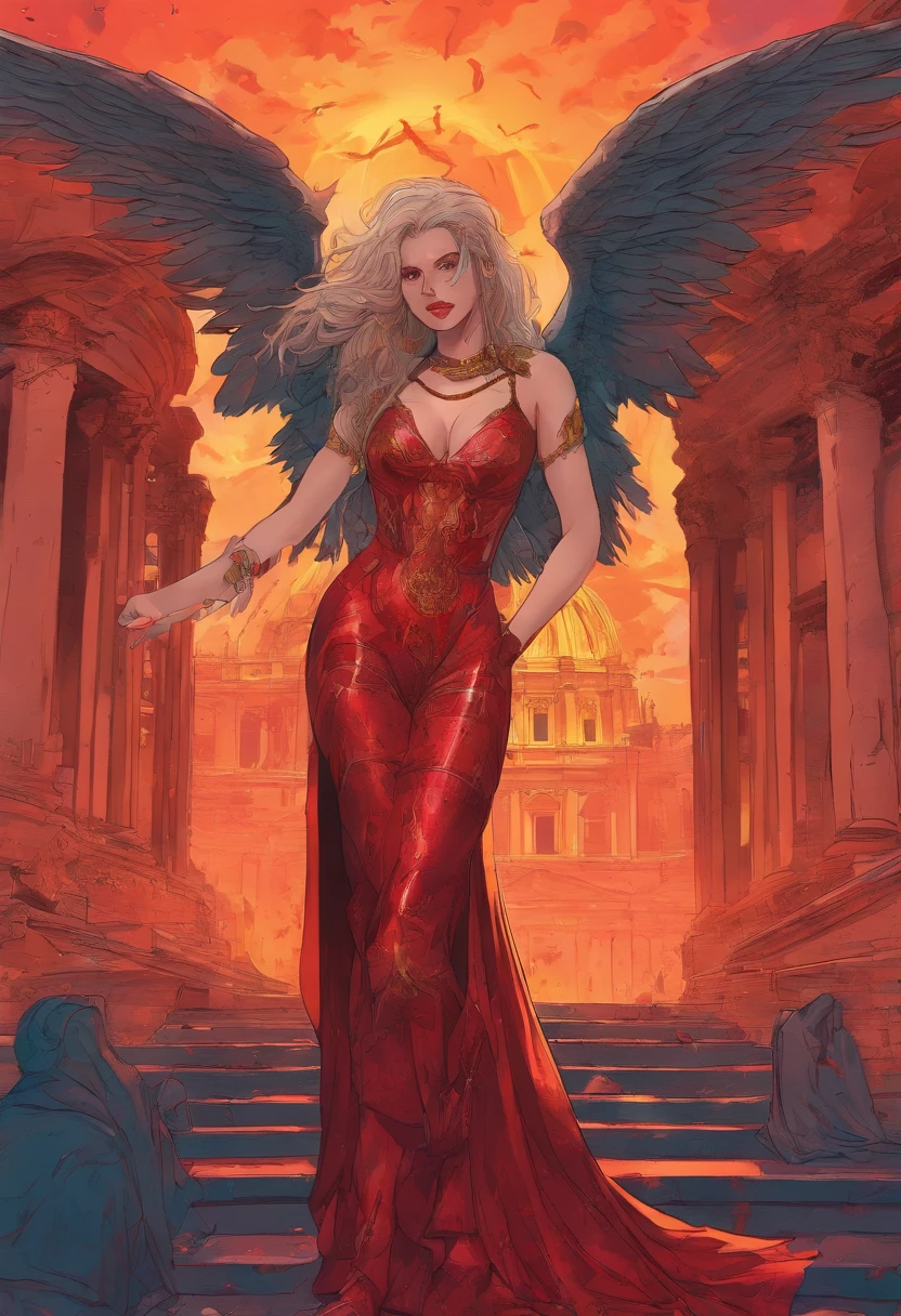 fantasy art, RPG art, photograph, RAW, (Ultra detailed: 1.5), Best Detailed, picture of a female vampire standing in St. Peter in the Vatican, an exquisute beautiful female vampire, full body, (best detailed face: 1.2), (grey skin: 1.2), red lips, (vampiric fangs1:1) (blood veins visible: 1.3), ultra feminie, blond hair, long hair, rich, flowing hair,wavy hair, red glowing eyes, wearing short dress, silk dress, intricate detaled dress, high heels, standing in St. Peter square in Vatican city, at night, full moon, stars in the sky, St. Peter square background, best quality, (extremely detailed), ultra wide shot, photorealism, depth of field, hyper realistic, 2.5 rendering,