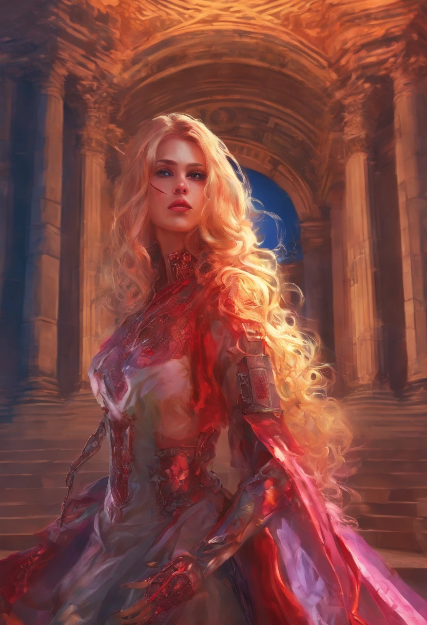 fantasy art, RPG art, photograph, RAW, (Ultra detailed: 1.5), Best Detailed, picture of a female vampire standing in St. Peter in the Vatican, an exquisute beautiful female vampire, full body, (best detailed face: 1.2), (grey skin: 1.2), red lips, (vampiric fangs1:1) (blood veins visible: 1.3), ultra feminie, blond hair, long hair, rich, flowing hair,wavy hair, red glowing eyes, wearing short dress, silk dress, intricate detaled dress, high heels, standing in St. Peter square in Vatican city, at night, full moon, stars in the sky, St. Peter square background, best quality, (extremely detailed), ultra wide shot, photorealism, depth of field, hyper realistic, 2.5 rendering,