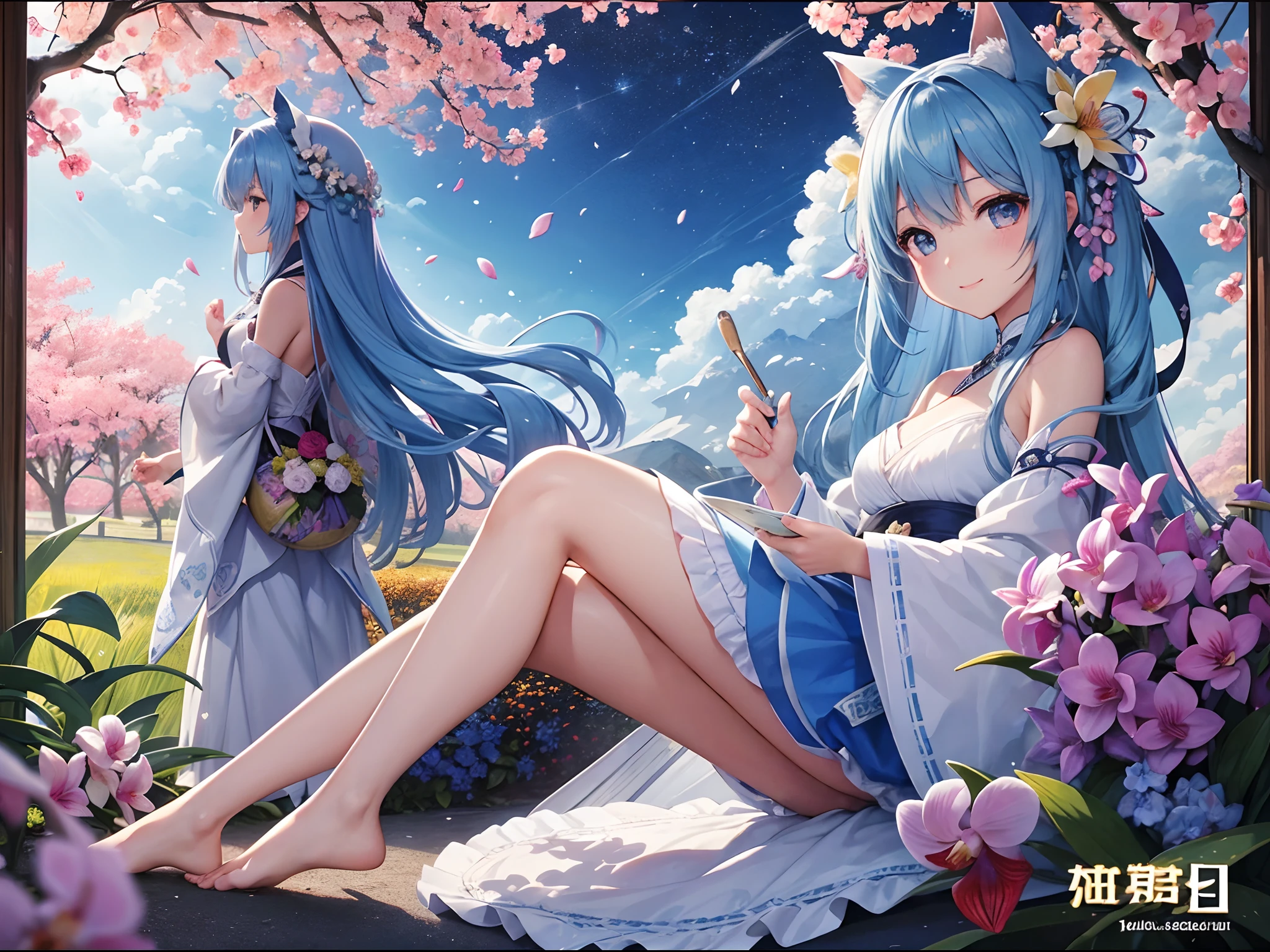 (hight resolution、ultra-detailliert、nffsw、movie)、独奏、1girl in、Happiness、Orchid on a side、Girl around orchid petals、A charming smile、full body Esbian、Long-haired girl with blue hair、lightblue hair、facing front、Fantasia、Official art、pop-art、profile、hyperdetailed face、ultradetailed eyes、Orchid Garden、Ultra Detailed Fields、White blue sky、 shuicolor、blanche、Nebulae in the sky、Landscape of autumn leaves、watercolor paiting、PastelColors