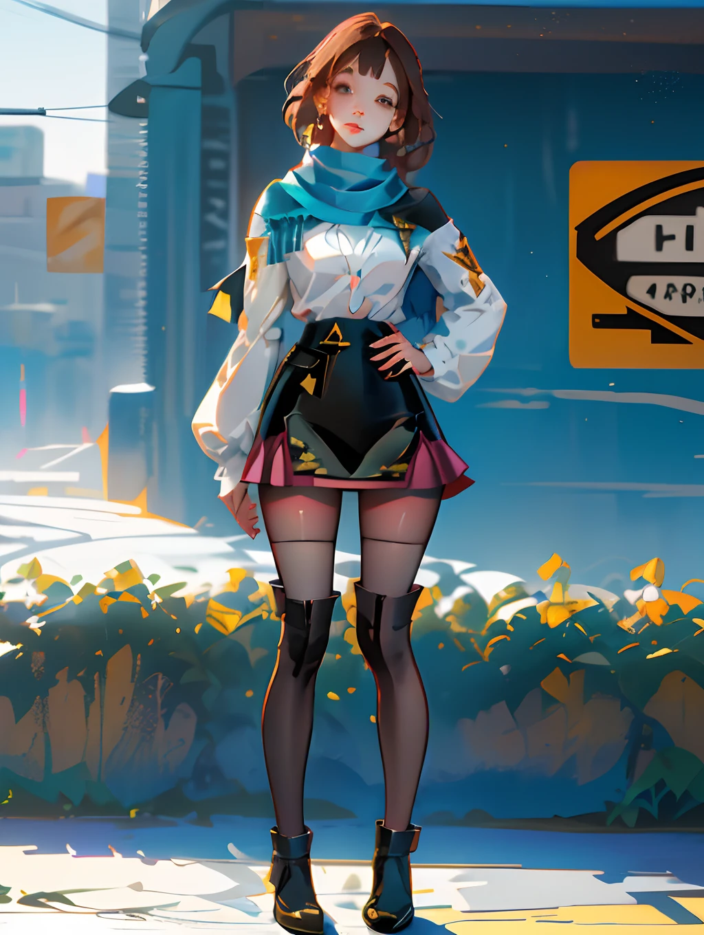 the picture is a cartoon girl with a scarf and a scarf over her shoulder, 1girl, scarf, solo, brown hair,、
(full body) (mini skirt:1.3),(Stockings:1.2),
thigh-highs:1.4

The view of the ground, the ground

high Quality
best Quality