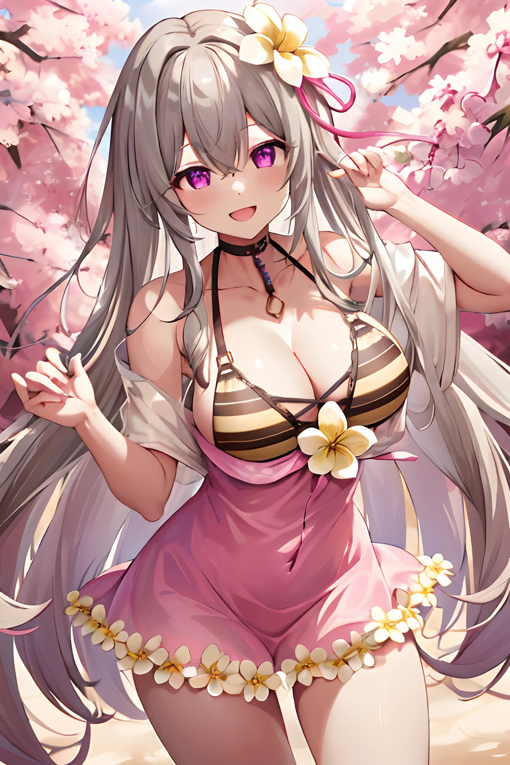 masterpeace, best quality, highres, 1girl, long hair, purple eyes, hair ornament, hair between eyes, bangs, hair flower, collarbone, yellow flower, hair ribbon, halterneck, breasts, pink ribbon, very long hair, bikini, cowboy shot, smile, open mouth,
