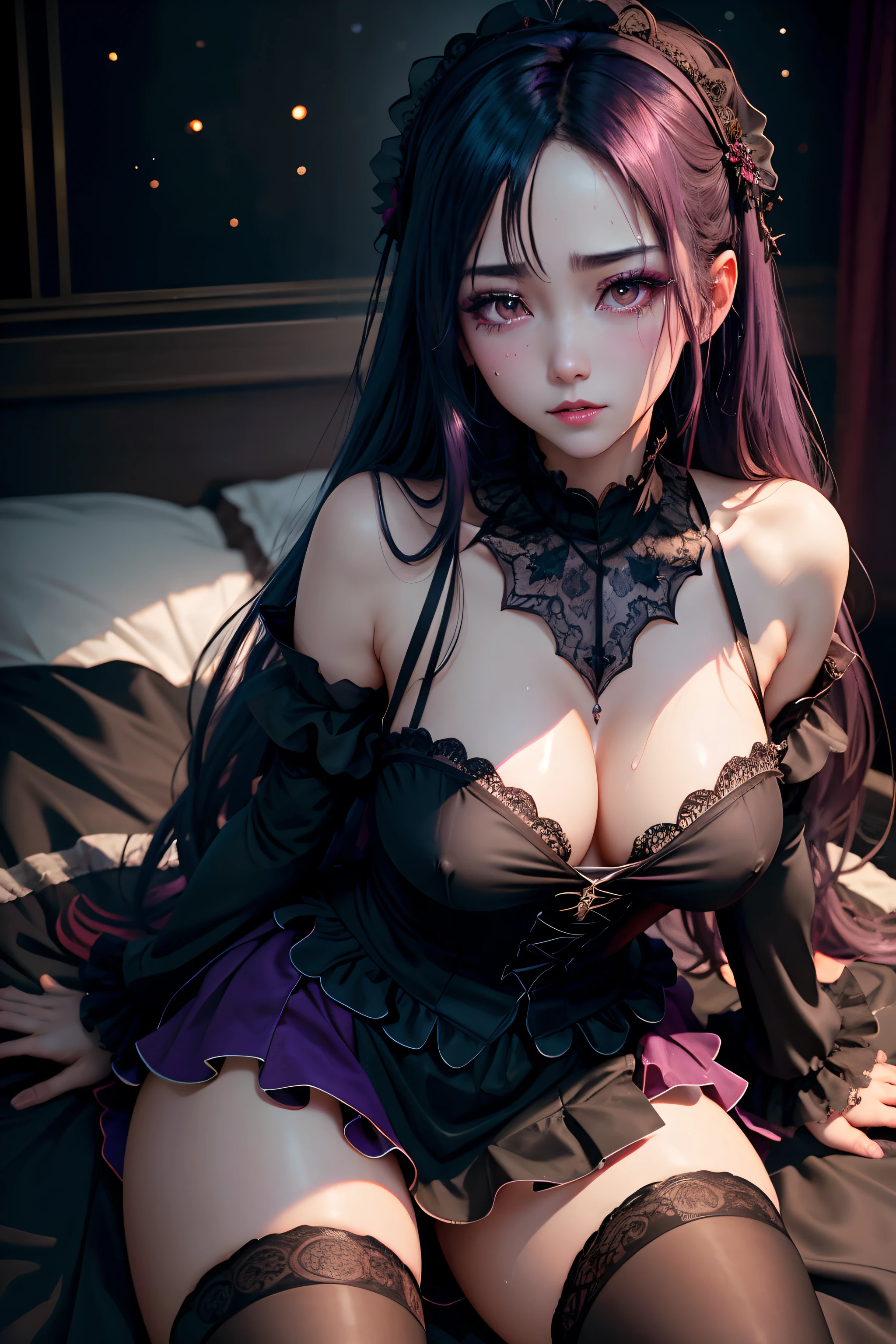 A sexy、A slight smil、garterbelts、knee high socks、panthyhose、Beautifying the world、Unhappy、Lament my night's fantasy、Transcendent beauty、Beautiful shape、wretched、ghosts、wraiths、Evil Spirit、Beautiful、boredom、Unusual beauty、Bewitching、Fornication、Hard Dark Gothic Makeup、Maniacal、Deep night sky、horor、twin-tail hair、Black Dark Eyeshadow、slaves、crying how bright、mourn、Sad songs、Good skin luster、Lace pink、Long hair straight hair、Dark Gothic Makeup、Dark smile、Restless Palace、Expressions of sexual arousal、Fragrant beauty、18year old、carriage、Lying、seductiv、 Strong sexual pleasure facial expressions、A look of shame、open your legs a little、Dark Gothic、Gothic ta、Dark purple hair、Masturbation、bell sleeves、Wizard Sleeve、Obscene look、Stained glass background、masterpiece、best quality、ultra-detailed、Refers to 5 books、Glitter of sweat on the chest、Glitter of sweat on the face、Glitter of sweat on the thighs、Expressions of sexual pleasure in anguish、sweating profusely、Drunken face、maid clothes、Gothic Long Dress、Ruffled skirt、