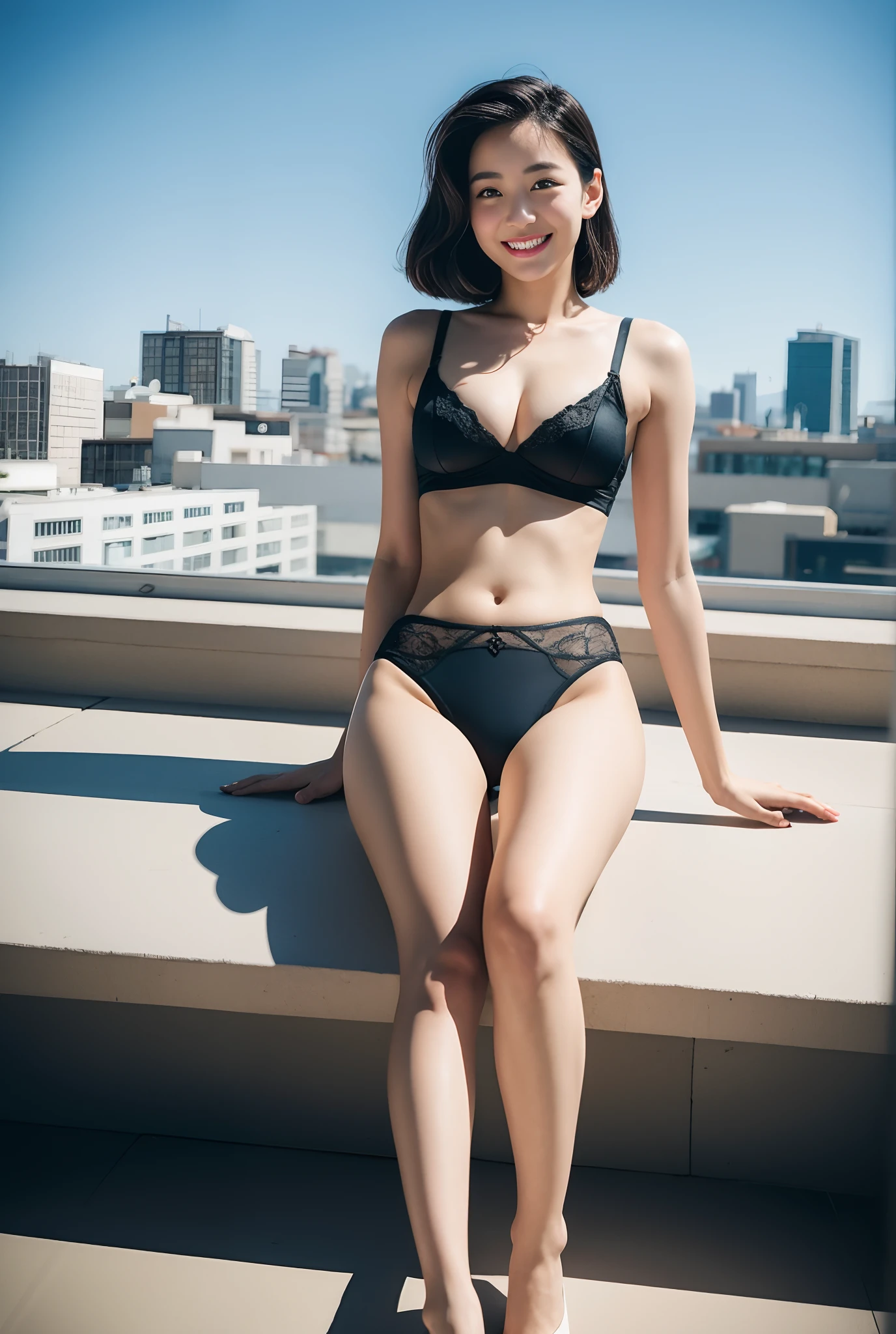 Asian woman in bright black sexy luxury sensual underwear sitting with arms raised on roof of office building, Young skinny gravure idol, good hips and long legs, photo of slim girl model, beautiful slim legs, Take off pure and sensual sexy luxury black underwear, shot at Canon 50mm f/1.2, Young Sensual Gravure Idol, Full body shot in pure sensual sexy luxury underwear、As if Lisa Simpson came back to life, leaked image, leaked photo, at instagram, dilraba dilmurat, ruan cute vtuber, cartoonish cute, Hannah Alisa Omale, Instagram, Larisa Manobal, eva elfie, katelynn mini cute style、huge-breasted、sensual breasts、Sensual body、Smiling、short-cut、Rabbit ear headband、Ground angle、fully body photo、Beautiful feet、It seems that the stomach hurts、Close camera angle、