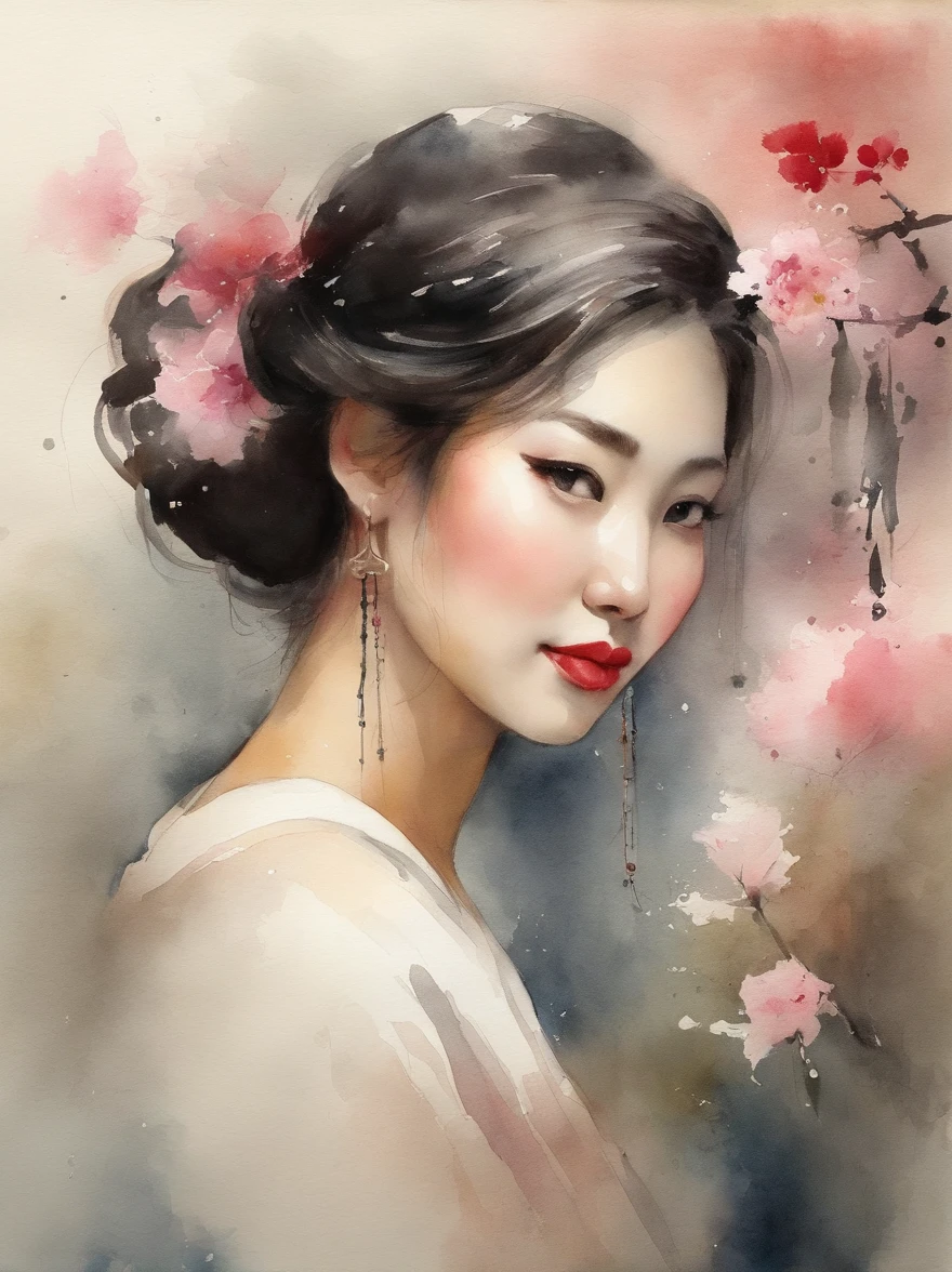 Watercolor painting of a Very Beautiful Japanese girl : : Trending on Artstation: : Simple composition creates a sense of order and harmony. The painting reflects the spiritual qualities of the natural world. --up light --ar 9:16