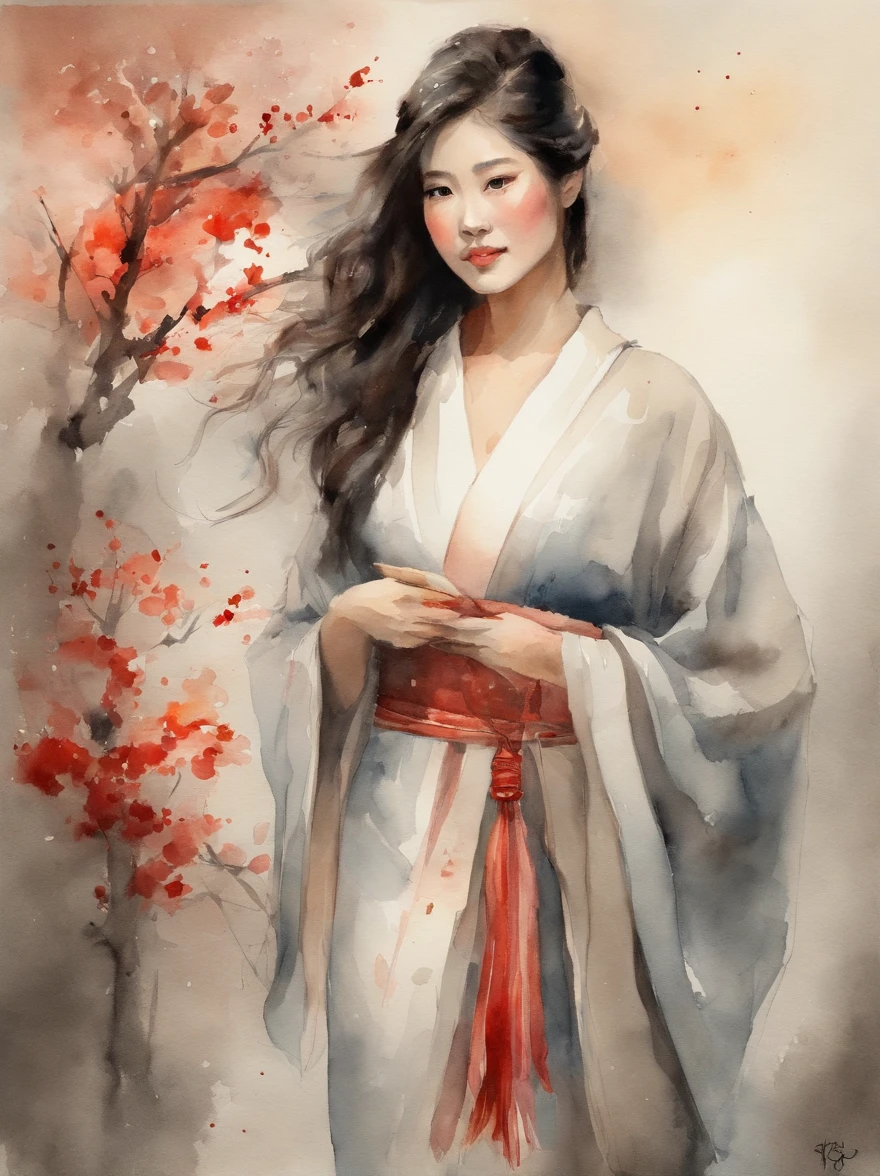 Watercolor painting of a Very Beautiful Japanese girl : : Trending on Artstation: : Simple composition creates a sense of order and harmony. The painting reflects the spiritual qualities of the natural world. --up light --ar 9:16