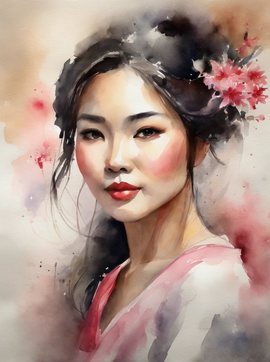 Watercolor painting of a Very Beautiful Japanese girl : : Trending on Artstation: : Simple composition creates a sense of order and harmony. The painting reflects the spiritual qualities of the natural world. --up light --ar 9:16
