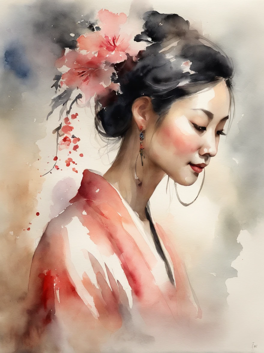 Watercolor painting of a Very Beautiful Japanese girl : : Trending on Artstation: : Simple composition creates a sense of order and harmony. The painting reflects the spiritual qualities of the natural world. --up light --ar 9:16