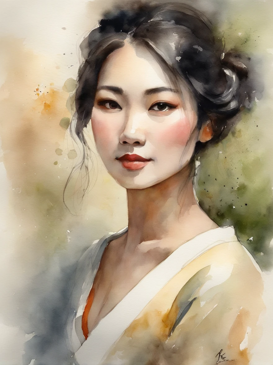 Watercolor painting of a Very Beautiful Japanese girl : : Trending on Artstation: : Simple composition creates a sense of order and harmony. The painting reflects the spiritual qualities of the natural world. --up light --ar 9:16