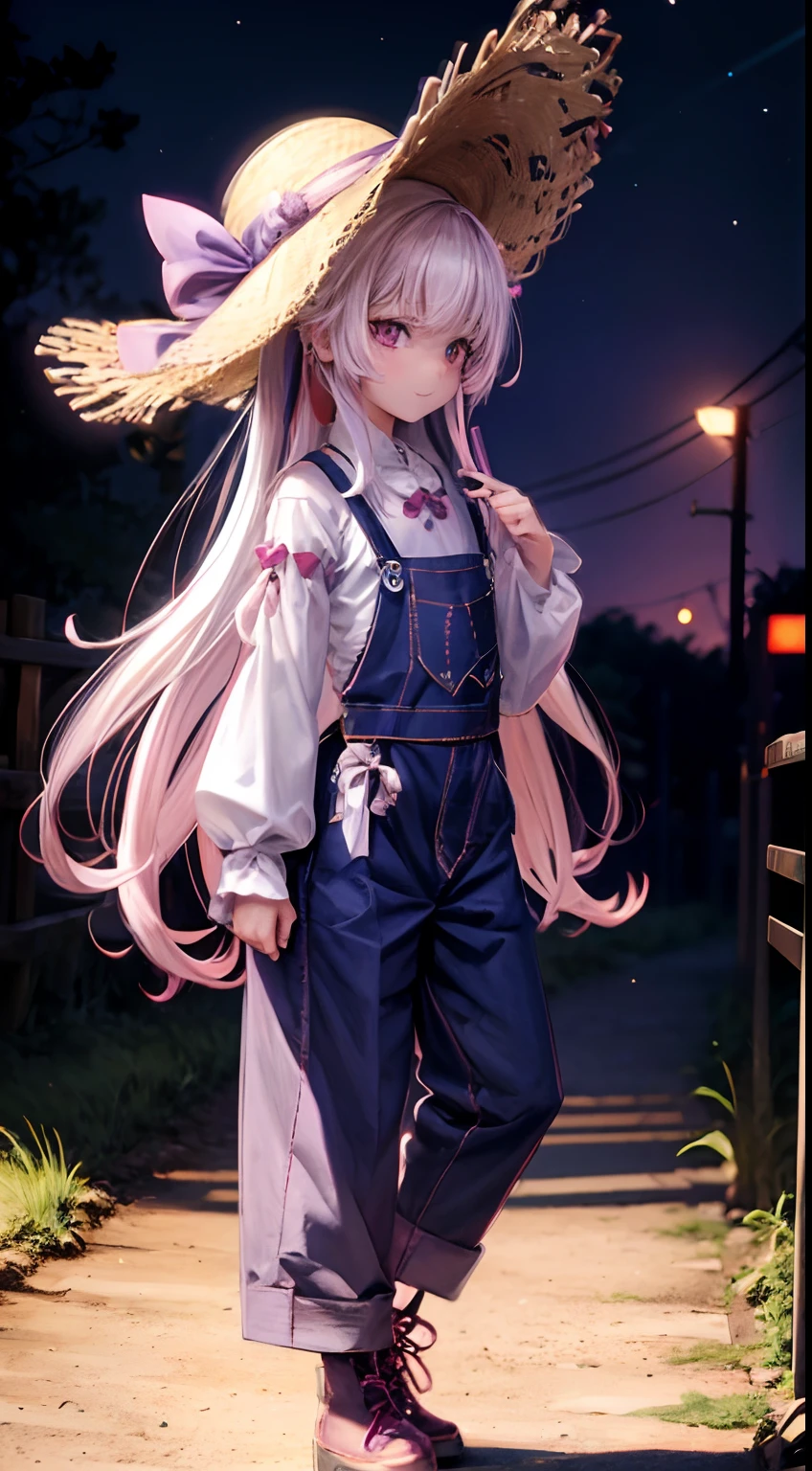 Anime Girl, Long White Hair, Magenta Eyes, Wearing a Straw Hat with a Magenta Ribbon, Light Purple Shirt with Raised Sleeves, Black Colored Overalls with Long-sleeved Pants, Brown Worker Shoes, Night Farm Background, Vivid, Happy Expression, Bright, 4k Resolution