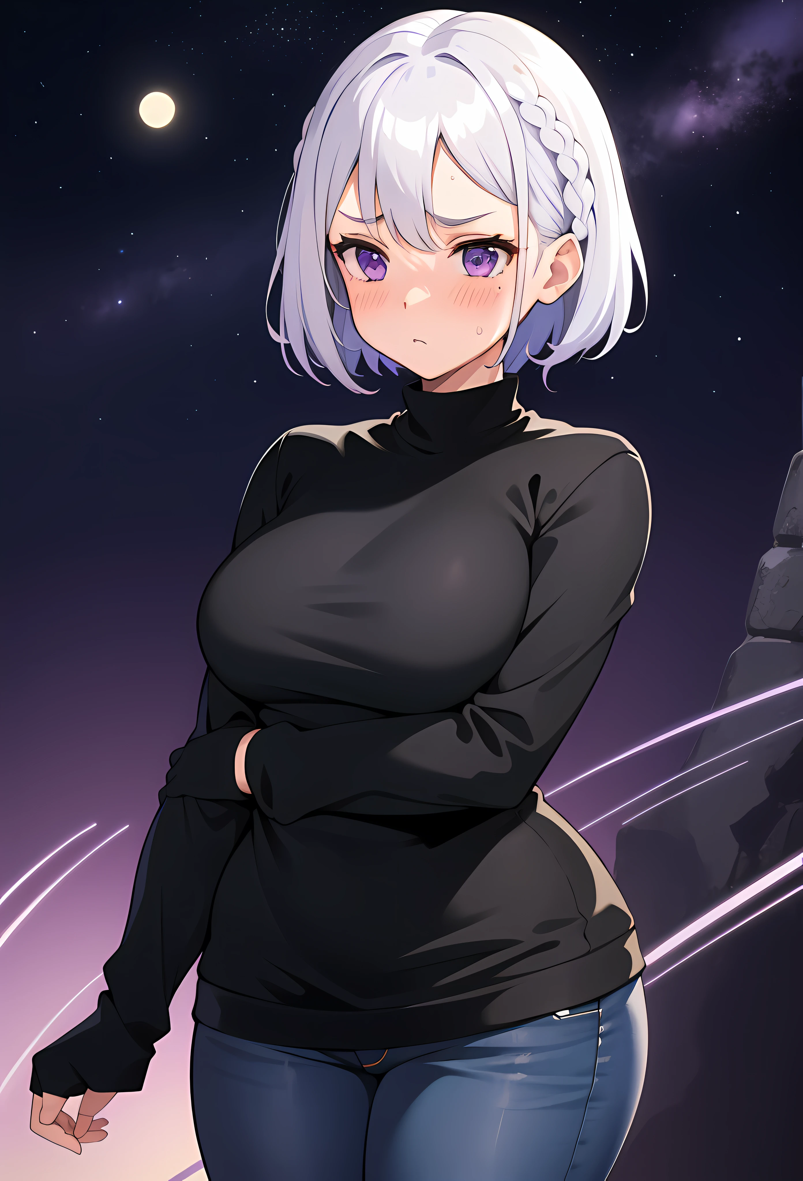 1girl,short white hair,braids, purple eyes,(blush:1.1),upper body,trembling,sweat,(speed lines:1.1),slim curvy body, perfect body, Black Sweater, jeans, serious look, full body view, sky, stars, moon, purple background