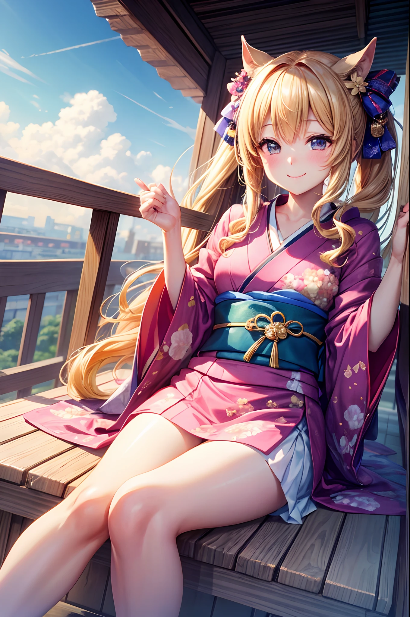 Best Quality、、Very cute、A smile、poneyTail、Golden hair、Schools、I want to blush、Staring at this、Wink、twinkling、Kimono、