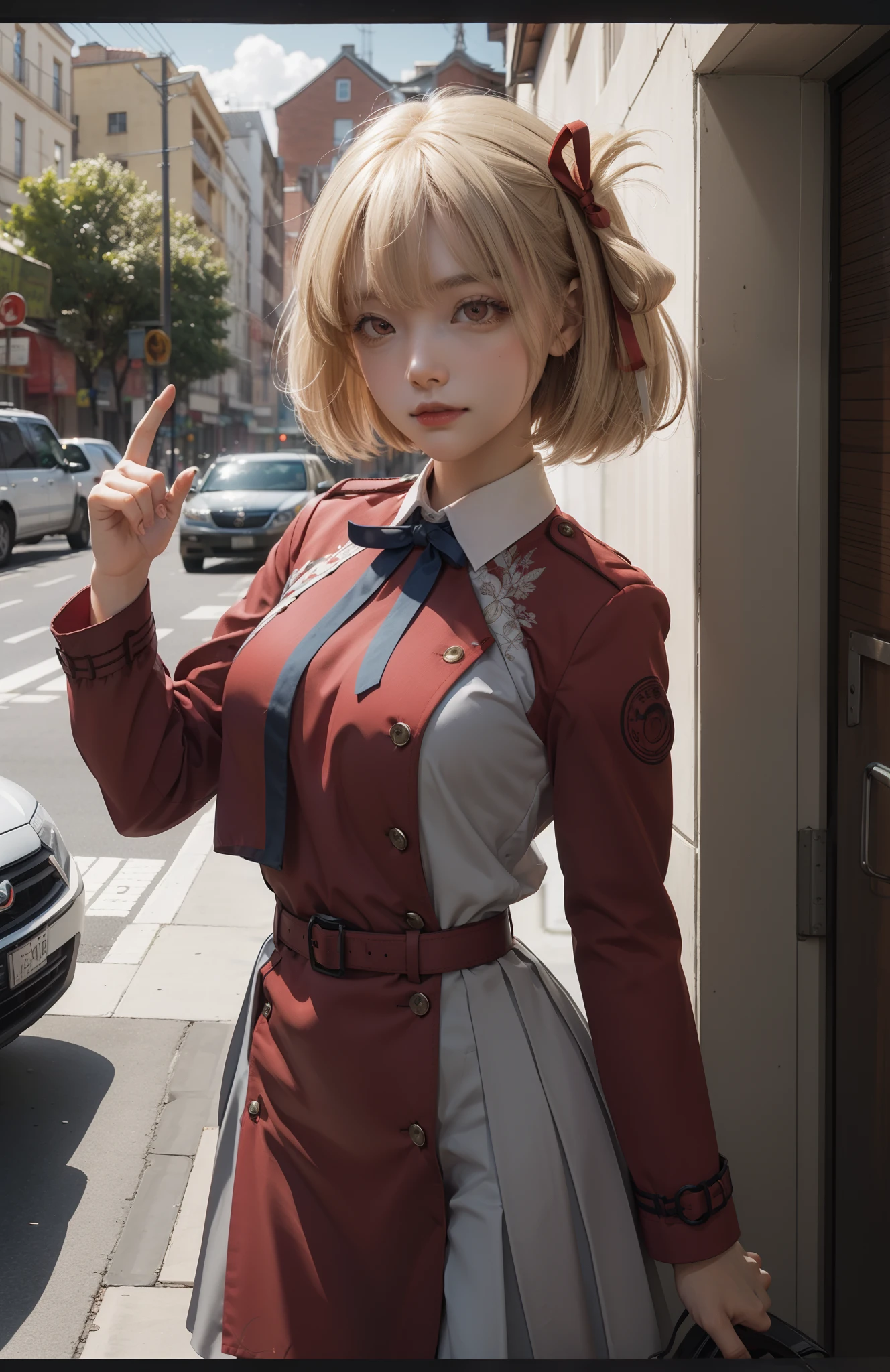 chisatonishikigi, nishikigi chisato, short hair, bangs, blonde hair, (red eyes:1.5), hair ribbon, one side up, bob cut,
BREAK shirt, long sleeves, dress, ribbon, white shirt, collared shirt, belt, neck ribbon, red dress, blue ribbon, pleated dress, grey dress, two-tone dress, red belt, lycoris uniform,,
BREAK outdoors, city,
BREAK looking at viewer, BREAK (masterpiece:1.2), best quality, high resolution, unity 8k wallpaper, (illustration:0.8), (beautiful detailed eyes:1.6), extremely detailed face, perfect lighting, extremely detailed CG, (perfect hands, perfect anatomy),