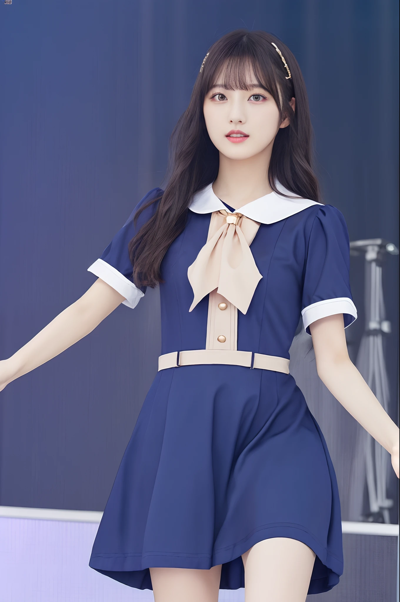 masterpiece,(realistic), highly detailed CG unified 8K wallpapers, (HQ skin:1.2),8k uhd, dslr, high quality, ((1girl in a blue dress with white collar, idol costume, 28 year old, dance on stage)), dark eyes, beautiful and detailed eyes, (real skin), beautiful skin, attractive, ultra-high resolution, ultra-realistic,high-definition,