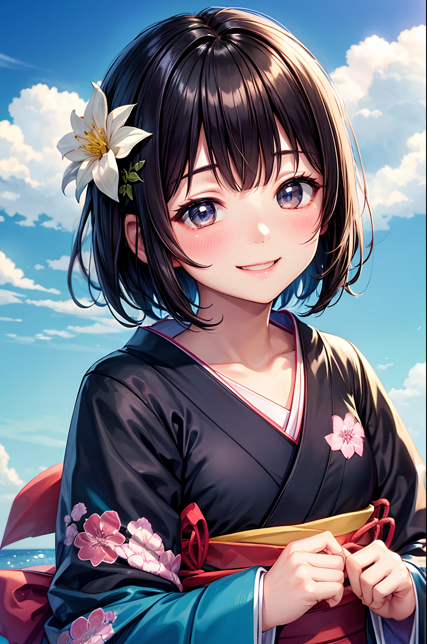 Best Quality、、Very cute、A smile、short-hair、Black hair、Schools、I want to blush、Staring at this、Wink、twinkling、Kimono、