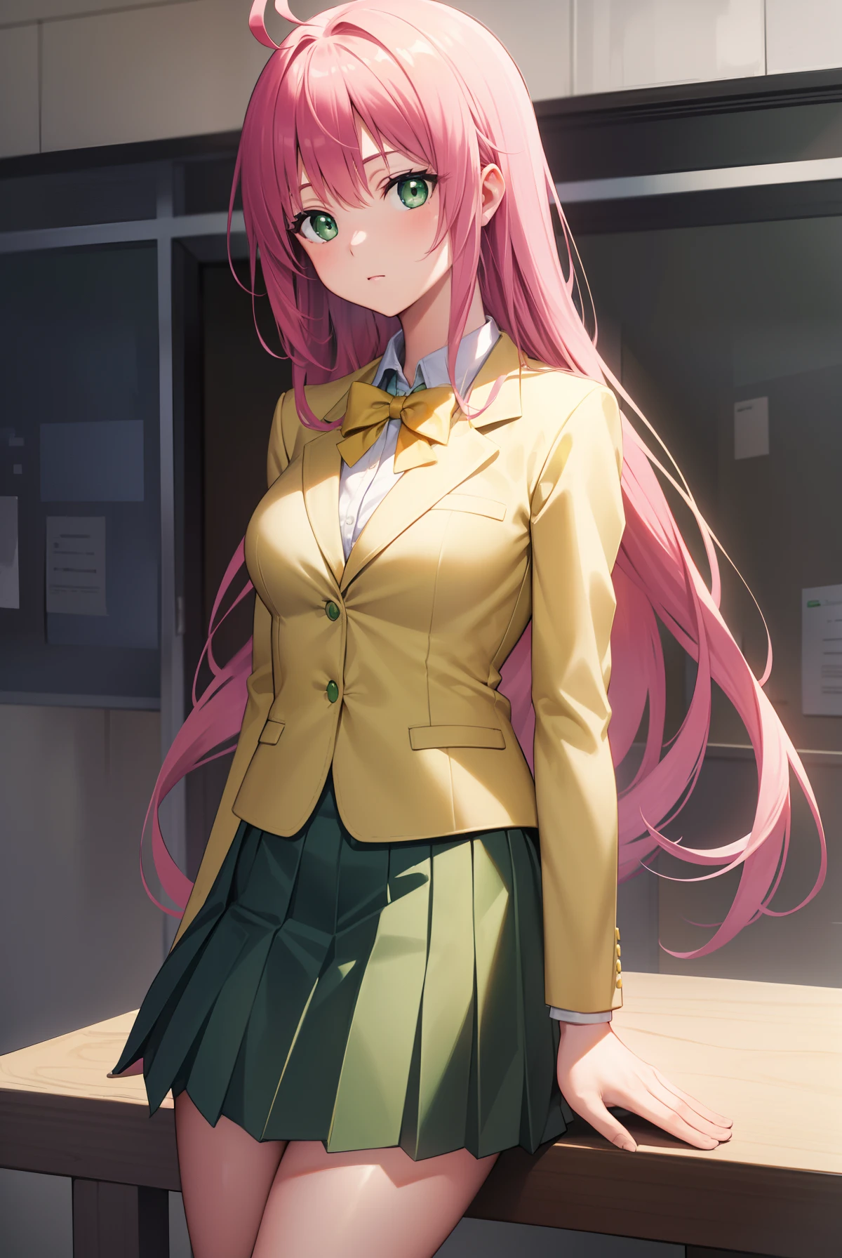 Laladevilluke, Lara Dviluk, Long hair, Pink hair, Tail, ahoge, bangs, hair adornments, (Green eyes:1.5),
BREAK school uniform, White shirt, (yellow blazer:1.5), Blazer, ribbon, Green Ribbon, pleated, Pleated skirt, Skirt, (Green skirt:1.5),
BREAK looking at viewer,
Break indoors, Classroom,
Break (Masterpiece:1.2), Best quality, high resolution, Unity 8k wallpaper, (illustration:0.8), (Beautiful detailed eyes:1.6), Extremely detailed face, Perfect lighting, Extremely detailed CG, (Perfect hands, Perfect anatomy),