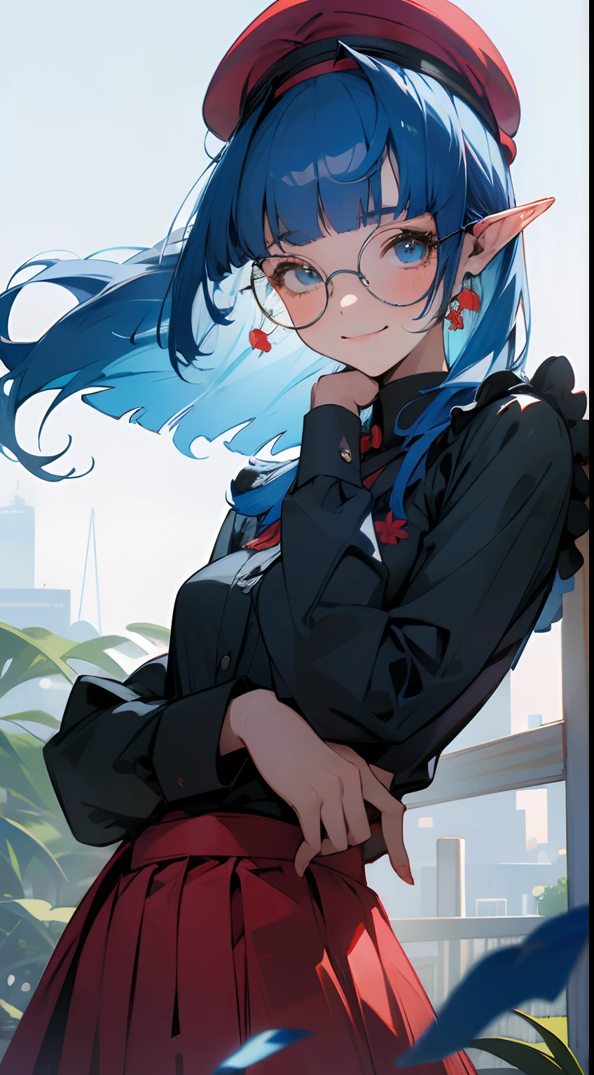 (masterpiece), best quality,  a cute elf standing in a garden,  she is wearing a black shirt, she is wearing a red beret, black shirt with collar, she is wearing a red skirt, (red skirt), simple earings, cute girl, (smilling, happy, laughing), cute eyes,  simple shirt, buccolic, wind, shinny eyes, perfect hand, feminine,
BREAK (1girl, solo,alone), photorealistic, perfect shading, relistic, detailed, realistic hair, (perfect face, expressive eyes),(close up),detailed background, backlight, cosy, cool colors, fun expression, happy vibe, relaxed atmosphere,  flowers, nature, blue flowers, leafs, intricate, gorgeous clouds, beautiful sky, grass, depth

BREAK her hair is light blue, (blunt bangs), long hair expressive eyes, perfect face, circle-glasses, light_blue_hair 

BREAK (red baret:1.5), ( full black shirt:1.3), (light_blue_hair:1.3), (blunt bangs:1.3)

BREAK vivid colors, perfect lighting, professional image, 4k, cuteness, soft, good emotions, happyness,