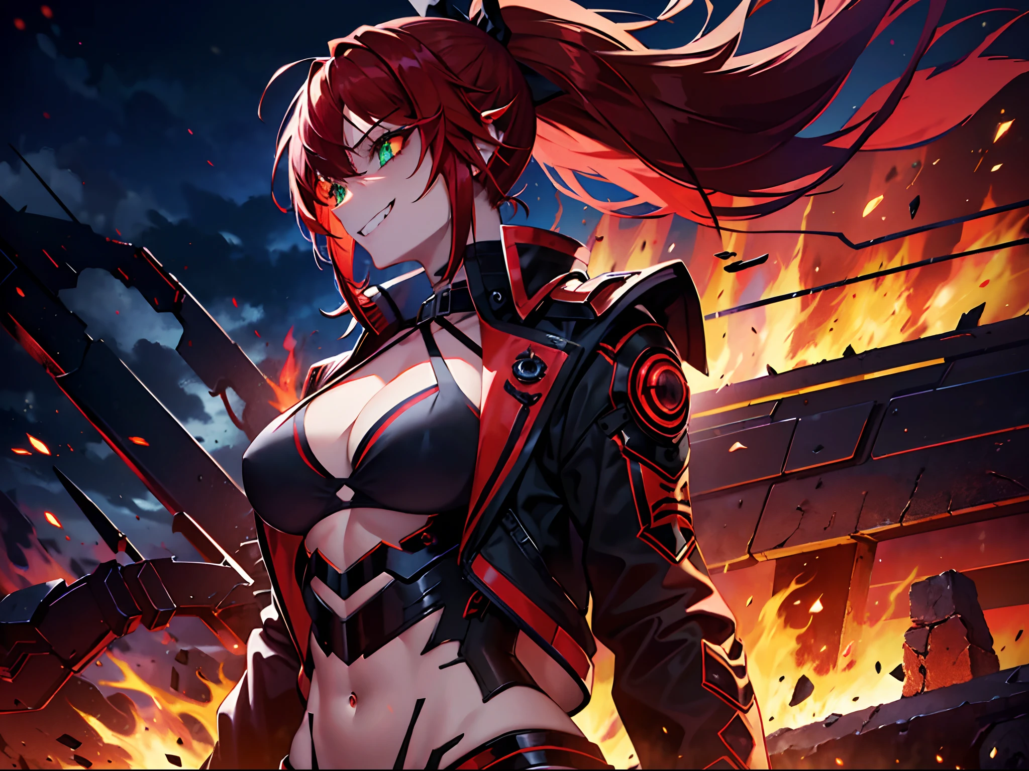 1 girl, solo, dark flaming red hair, (colourful_fringes), view from the side, menacing aura, grin, evil expression, jagged teeth, ponytail, black bow, glowing emerald green cyborg eyes, blue jacket, large breasts, V-neck, short gloves, (muscular physique), cyberpunky background