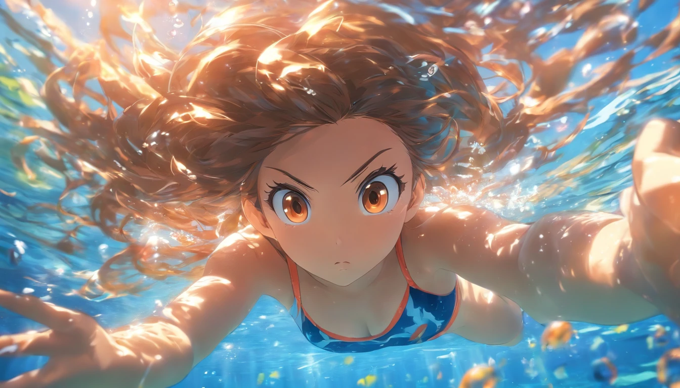 foreshortening, depth of field, masterpiece, best quality, 1girl, brown hair, brown eyes, long hair, underwater, air bubble, solo, looking at viewer, school swimsuit, swimming, dappled sunlight,