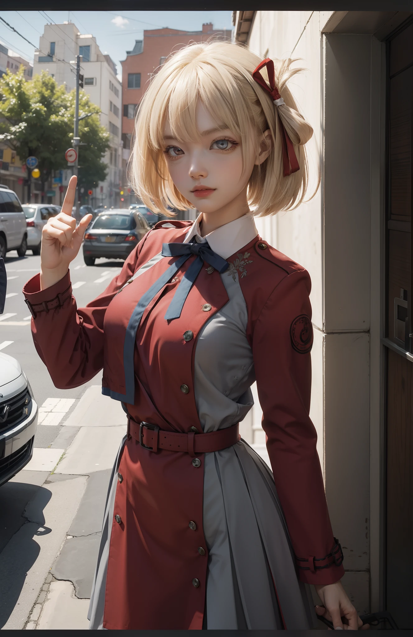 chisatonishikigi, nishikigi chisato, short hair, bangs, blonde hair, (red eyes:1.5), hair ribbon, one side up, bob cut,
BREAK shirt, long sleeves, dress, ribbon, white shirt, collared shirt, belt, neck ribbon, red dress, blue ribbon, pleated dress, grey dress, two-tone dress, red belt, lycoris uniform,,
BREAK outdoors, city,
BREAK looking at viewer, BREAK (masterpiece:1.2), best quality, high resolution, unity 8k wallpaper, (illustration:0.8), (beautiful detailed eyes:1.6), extremely detailed face, perfect lighting, extremely detailed CG, (perfect hands, perfect anatomy),