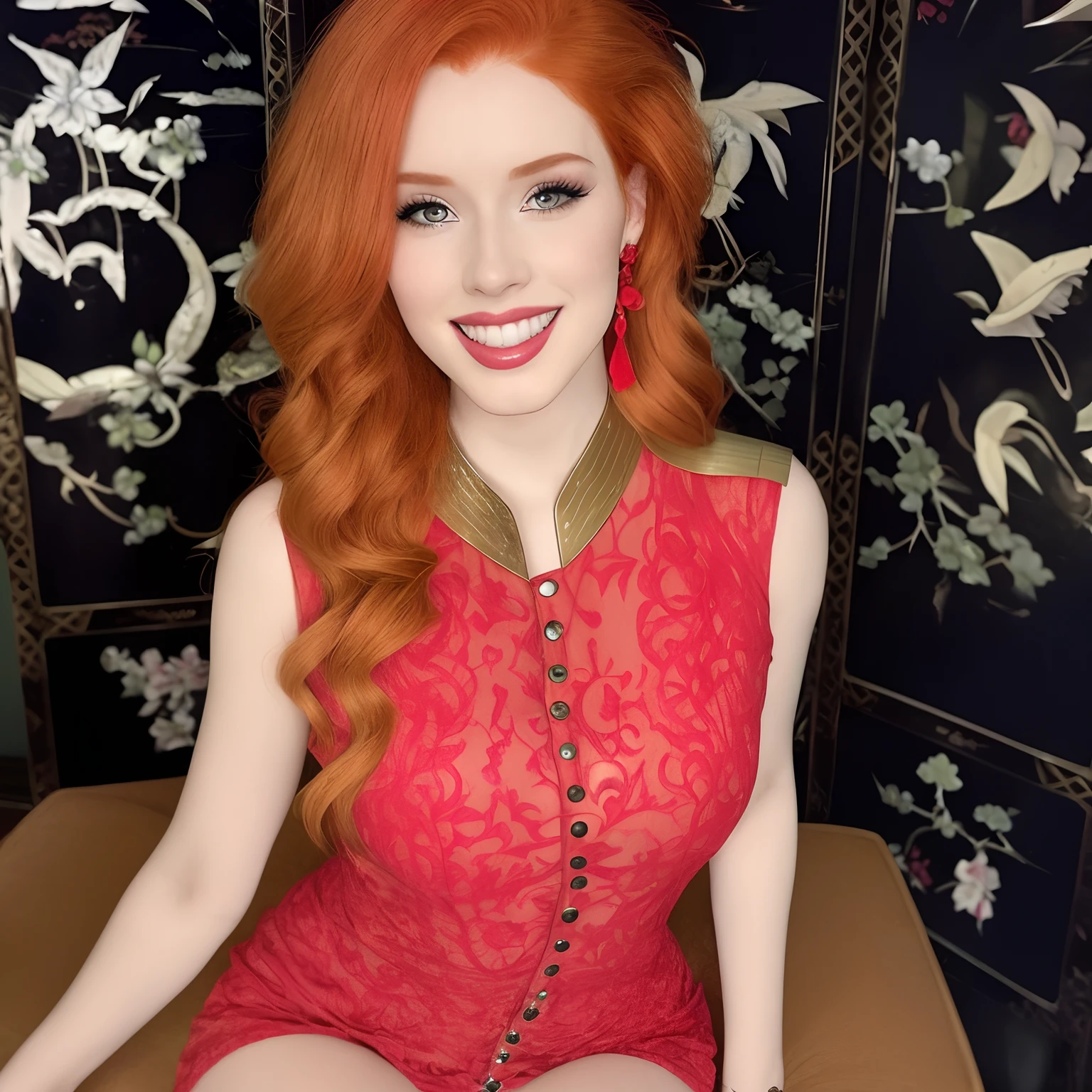 redhead woman with long red hair sitting on a chair in a red dress, amouranth, better known as amouranth, young beautiful amouranth, amouranth as a super villain, japasene chager background, heisha style, with curly red hair, red haired goddess, with red hair, beautiful redhead woman, she is redhead, ellie bamber fairy, redhead woman, redhead girl, red head