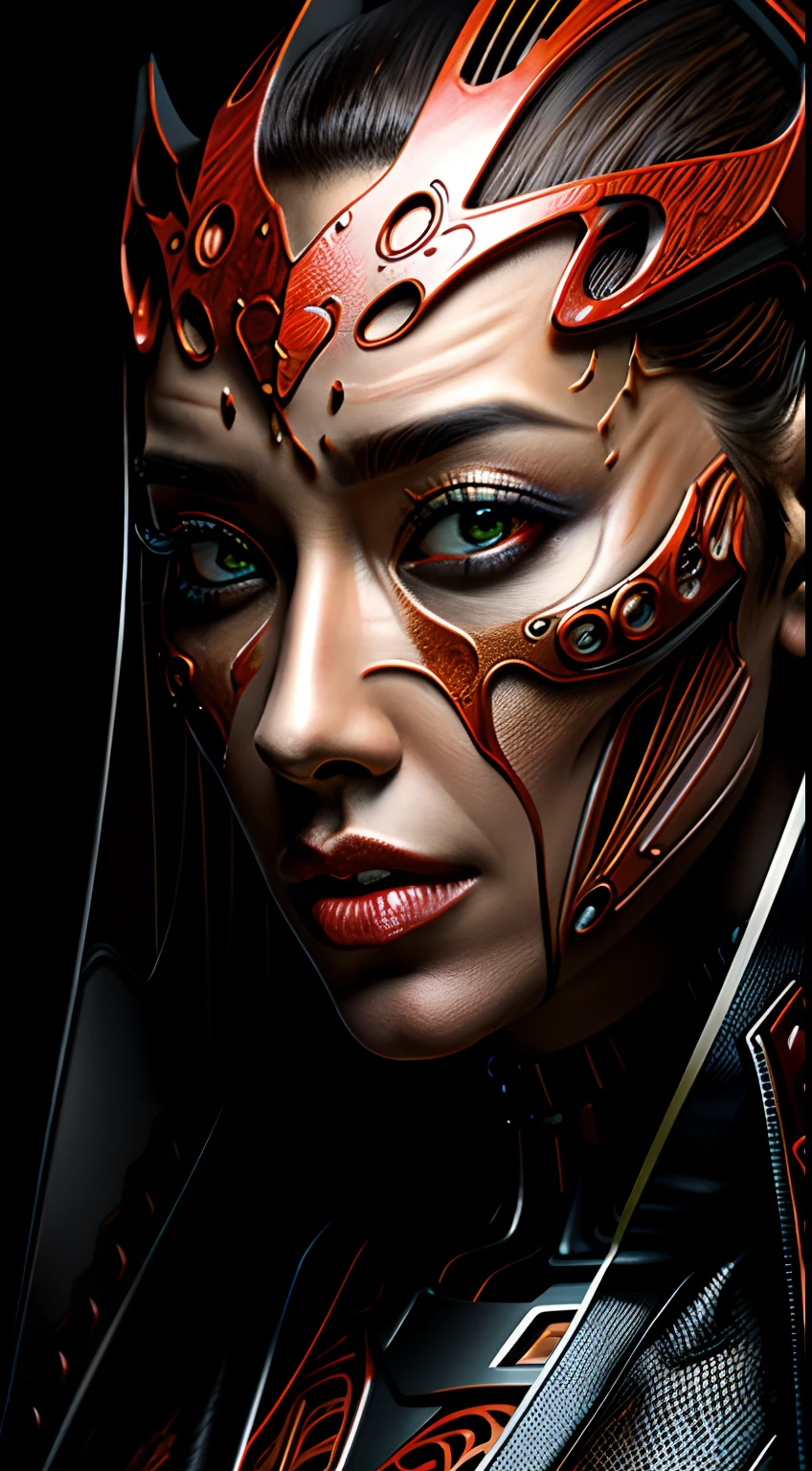 a close up symmetrical portrait of a cyberpunk gangster, biomechanical, mshn robot, splashes of orange red, hyper realistic, intricate design, (insanely detailed:1.4), (extremely fine details:1.35), Extremely sharp lines, steel, cinematic lighting, Photorealistic, a detailed painting by Ayami Kojima and Lilia Alvarado, (best quality, high quality, absurdres, intricate detail, masterpiece, cinematic), highly detailed, motion blur, film grain, noise, lens effects,