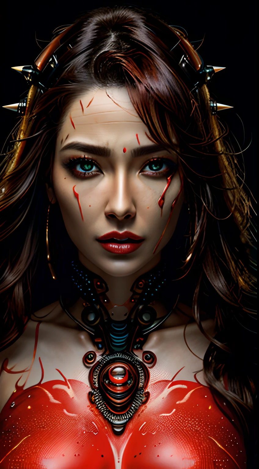 a close up symmetrical portrait of a cyberpunk gangster, biomechanical, mshn robot, splashes of orange red, hyper realistic, intricate design, (insanely detailed:1.4), (extremely fine details:1.35), Extremely sharp lines, steel, cinematic lighting, Photorealistic, a detailed painting by Ayami Kojima and Lilia Alvarado, (best quality, high quality, absurdres, intricate detail, masterpiece, cinematic), highly detailed, motion blur, film grain, noise, lens effects,