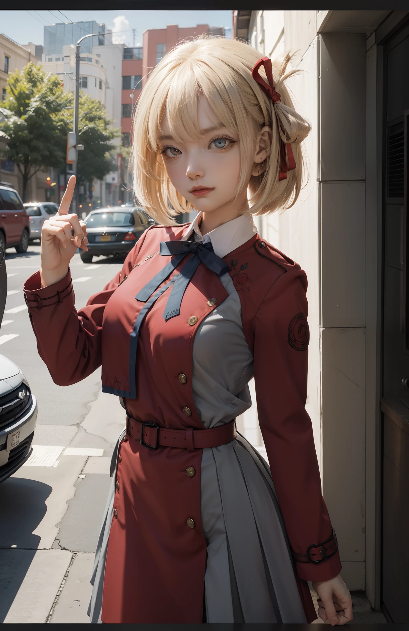 chisatonishikigi, nishikigi chisato, short hair, bangs, blonde hair, (red eyes:1.5), hair ribbon, one side up, bob cut,
BREAK shirt, long sleeves, dress, ribbon, white shirt, collared shirt, belt, neck ribbon, red dress, blue ribbon, pleated dress, grey dress, two-tone dress, red belt, lycoris uniform,,
BREAK outdoors, city,
BREAK looking at viewer, BREAK (masterpiece:1.2), best quality, high resolution, unity 8k wallpaper, (illustration:0.8), (beautiful detailed eyes:1.6), extremely detailed face, perfect lighting, extremely detailed CG, (perfect hands, perfect anatomy),
