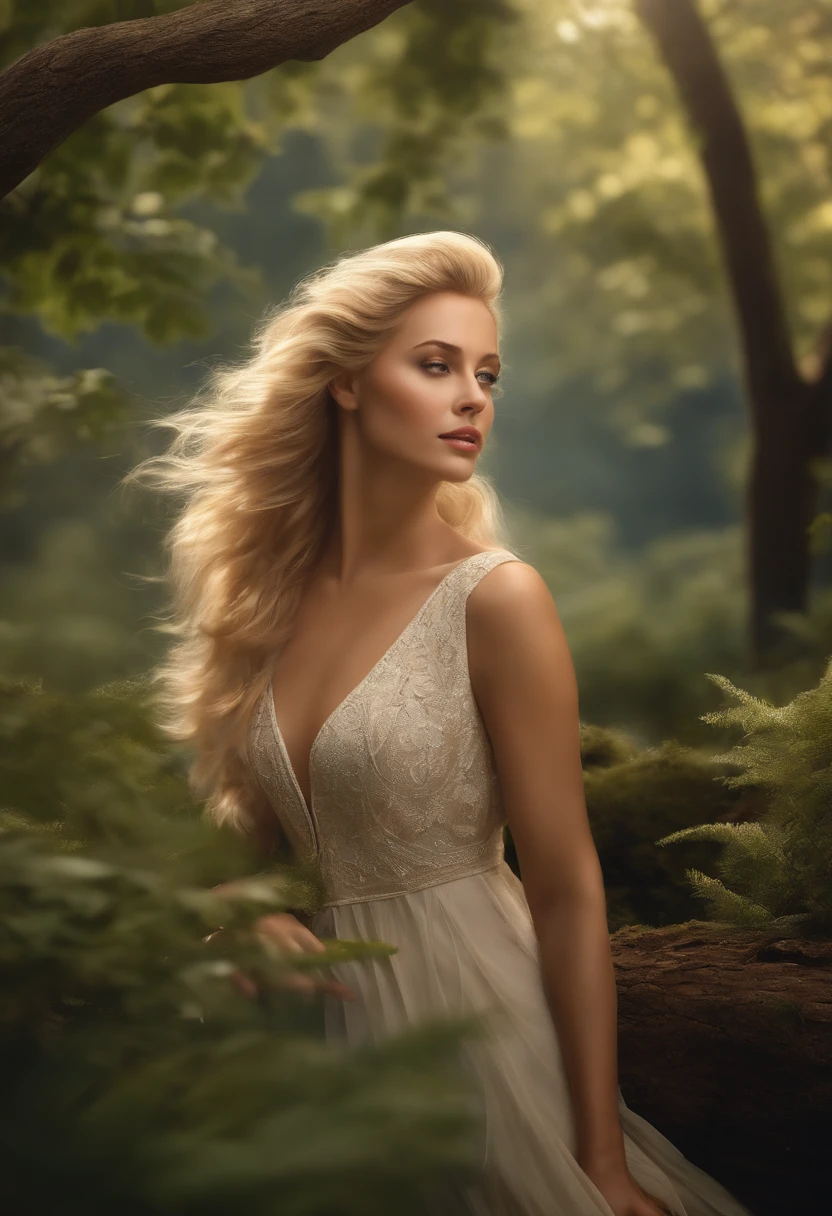 Create a SeaArt illustration of a realistic blonde woman, standing in a natural outdoor setting. Make sure the details of his face, of her blonde hair and outfit are particularly realistic. The stage should be bathed in soft, natural light, with details such as trees in the background and a peaceful atmosphere.