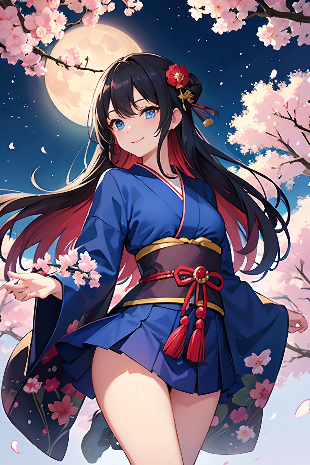 blue eyes、A dark-haired、Kimono in tricolor color、18 only、cherry trees、natta、Red Moon、a miniskirt、Invincible smile、Beautiful fece、Jump facing the front、