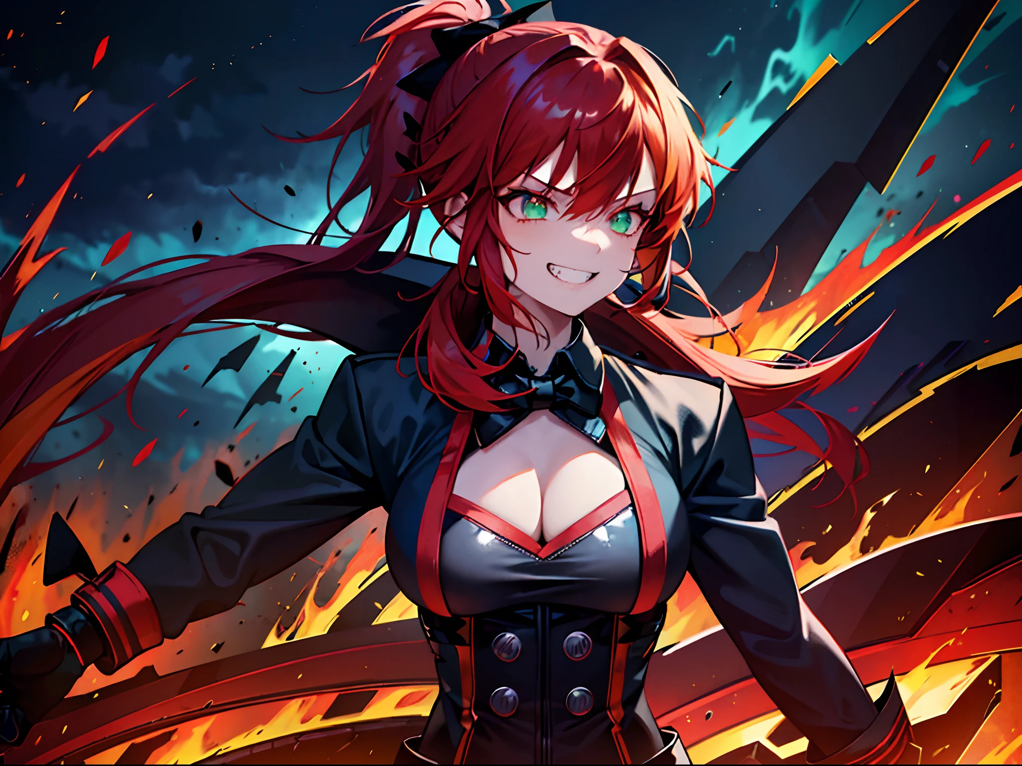 1 girl, solo, dark flaming red hair, (colourful_fringes), view from the side, menacing aura, grin, evil expression, jagged teeth, ponytail, black bow, glowing emerald green cyborg eyes, blue jacket, large breasts, V-neck, short gloves, (muscular physique), cyberpunky background