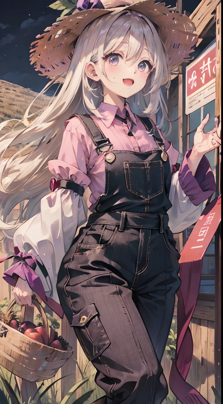 Anime Girl, Long White Hair, Magenta Eyes, Wearing a Straw Hat with a Magenta Ribbon, Light Purple Shirt with Raised Sleeves, Black Colored Overalls with Long-sleeved Pants, Brown Worker Shoes, Night Farm Background, Vivid, Happy Expression, Bright, 4k Resolution