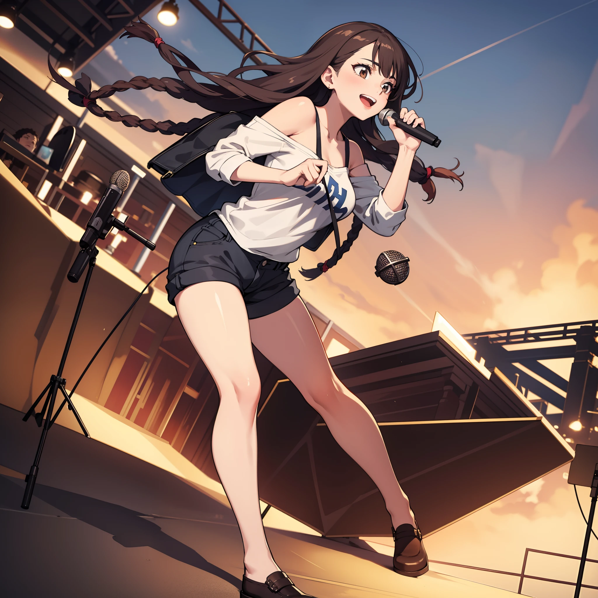 low angle,full body shot,medium shot,BRAKE concert:1.5,action:1.5,one off shoulder shirt:1.5,shortpants:1.5,Blowing in the wind:1.6,A smile,(dreadlocks:1.3),BRAKE Singing:1.5,Hold the microphone:1.6,Sing a song:1.7,dynamic pose,swet:1.3,BRAKE 4K, (Raw photo: 1.2), (Realism: 1.4), (masutepiece: 1.3), (exquisite detailing: 1.2), Delicate and beautiful details, (Eye Detail), (Facial Detailed), (Highest Quality:1.4), (very detailed illustration), Best Quality, Super Resolution,Wide light, natural shadows