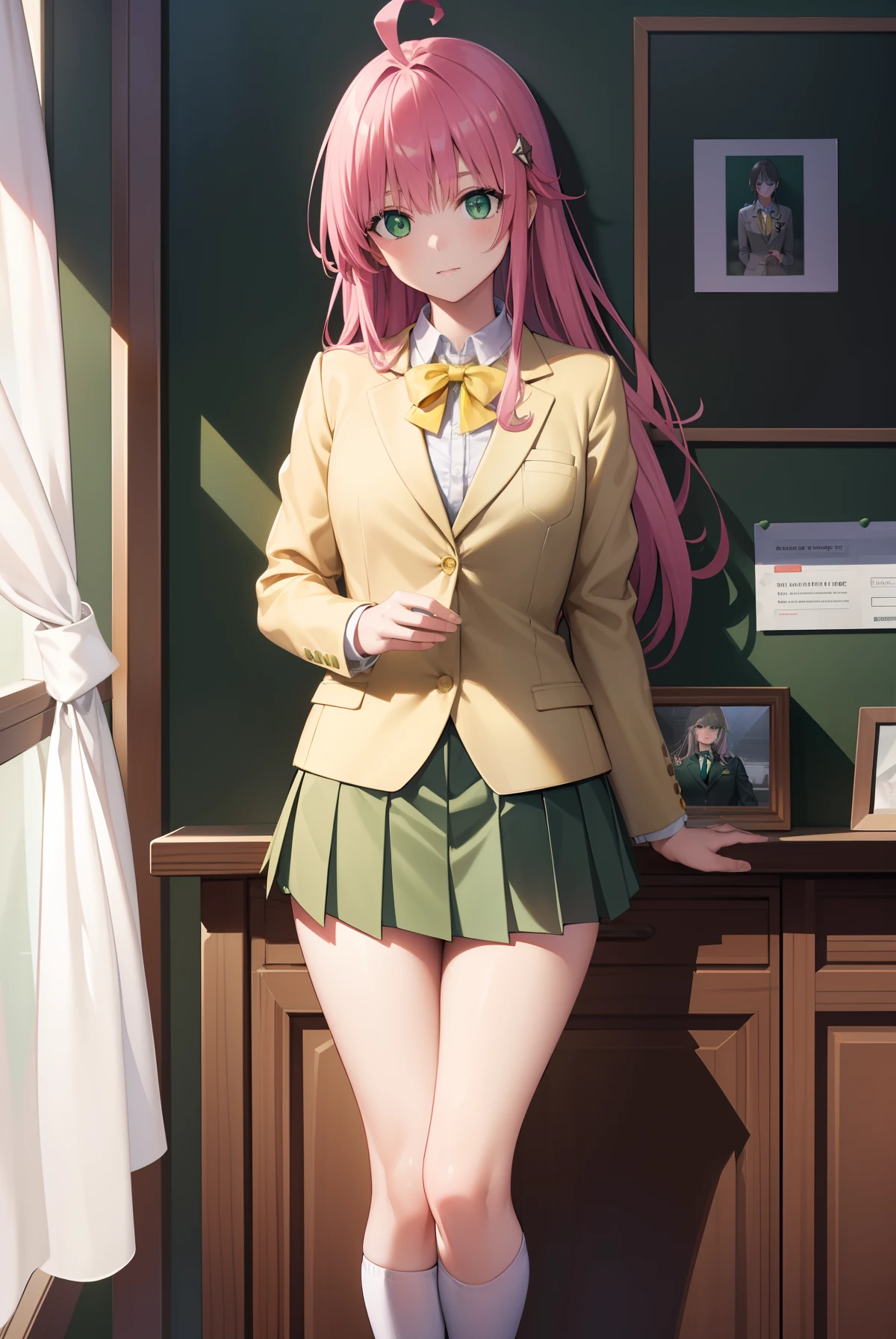 Laladevilluke, Lara Dviluk, Long hair, Pink hair, Tail, ahoge, bangs, hair adornments, (Green eyes:1.5),
BREAK school uniform, White shirt, (yellow blazer:1.5), Blazer, ribbon, Green Ribbon, pleated, Pleated skirt, Skirt, (Green skirt:1.5),
BREAK looking at viewer,
Break indoors, Classroom,
Break (Masterpiece:1.2), Best quality, high resolution, Unity 8k wallpaper, (illustration:0.8), (Beautiful detailed eyes:1.6), Extremely detailed face, Perfect lighting, Extremely detailed CG, (Perfect hands, Perfect anatomy),