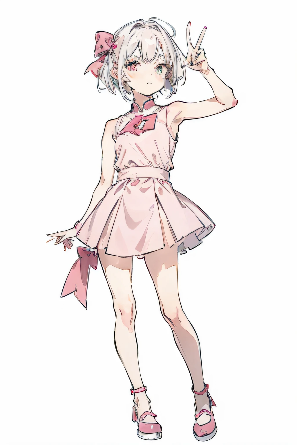 1girl, short {white hair}, pink{simple sleeveless short dress with square neck line}, pink shoes, full body, tilted {peace sign pose only for one hand}, plain white background