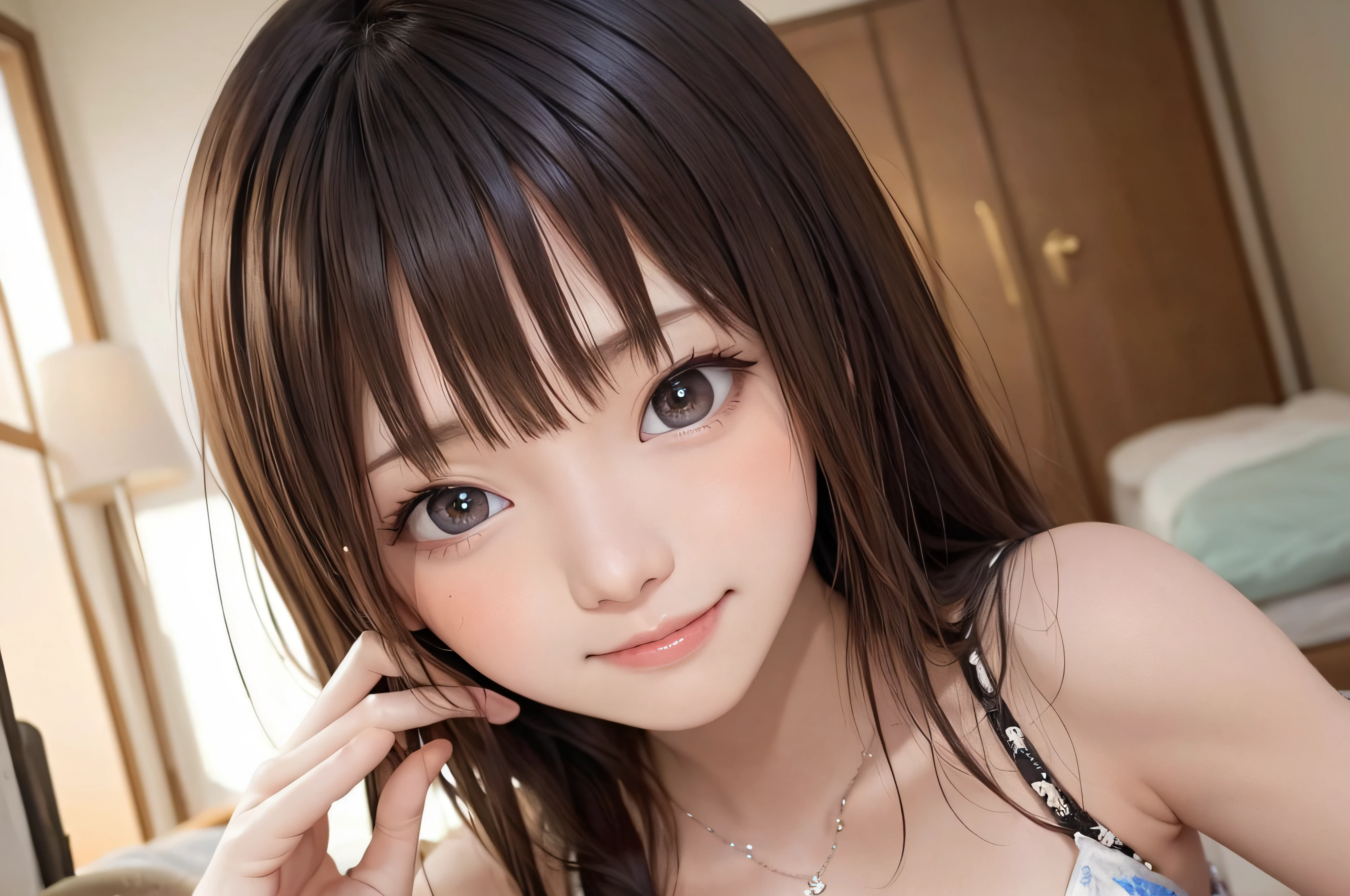 ars、brown haired、beautidful eyes、real looking skin、hi-school girl、small tits、(8K、​masterpiece)、(reallistic、Photorealsitic)、top-quality、ighly detailed、The ultra-detailliert、Beautie、cute little、japanes、idol、a smile、Close-up portrait、Healthy face、with light glowing