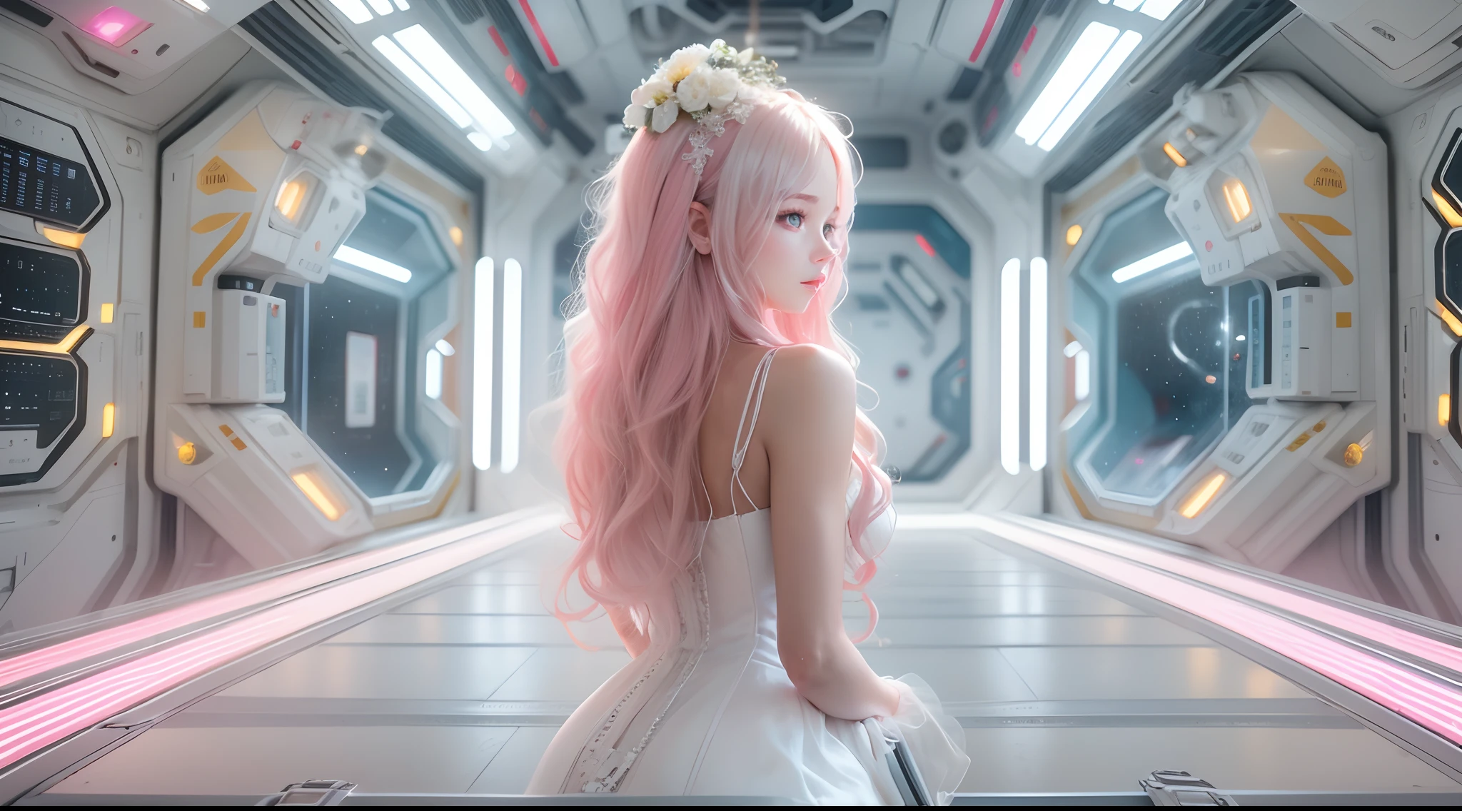 (Best Quality), Masterpiece, 8K, RAW, Cute white Silk Bride Naked,(Photo-realistic), white silk Dress, Pink long Hair, zero-gravity, Full-Body Portrait, soft Lighting, Mecha-Implants, (Cybernetics:1.2), Space-station, Particles floating in Air