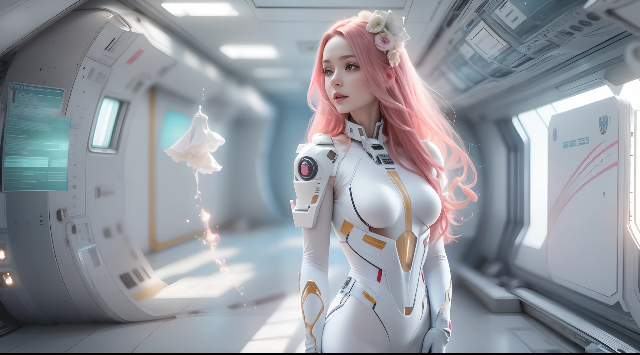 (Best Quality), Masterpiece, 8K, RAW, Cute white Silk Bride Naked,(Photo-realistic), white silk Dress, Pink long Hair, zero-gravity, Full-Body Portrait, soft Lighting, Mecha-Implants, (Cybernetics:1.2), Space-station, Particles floating in Air