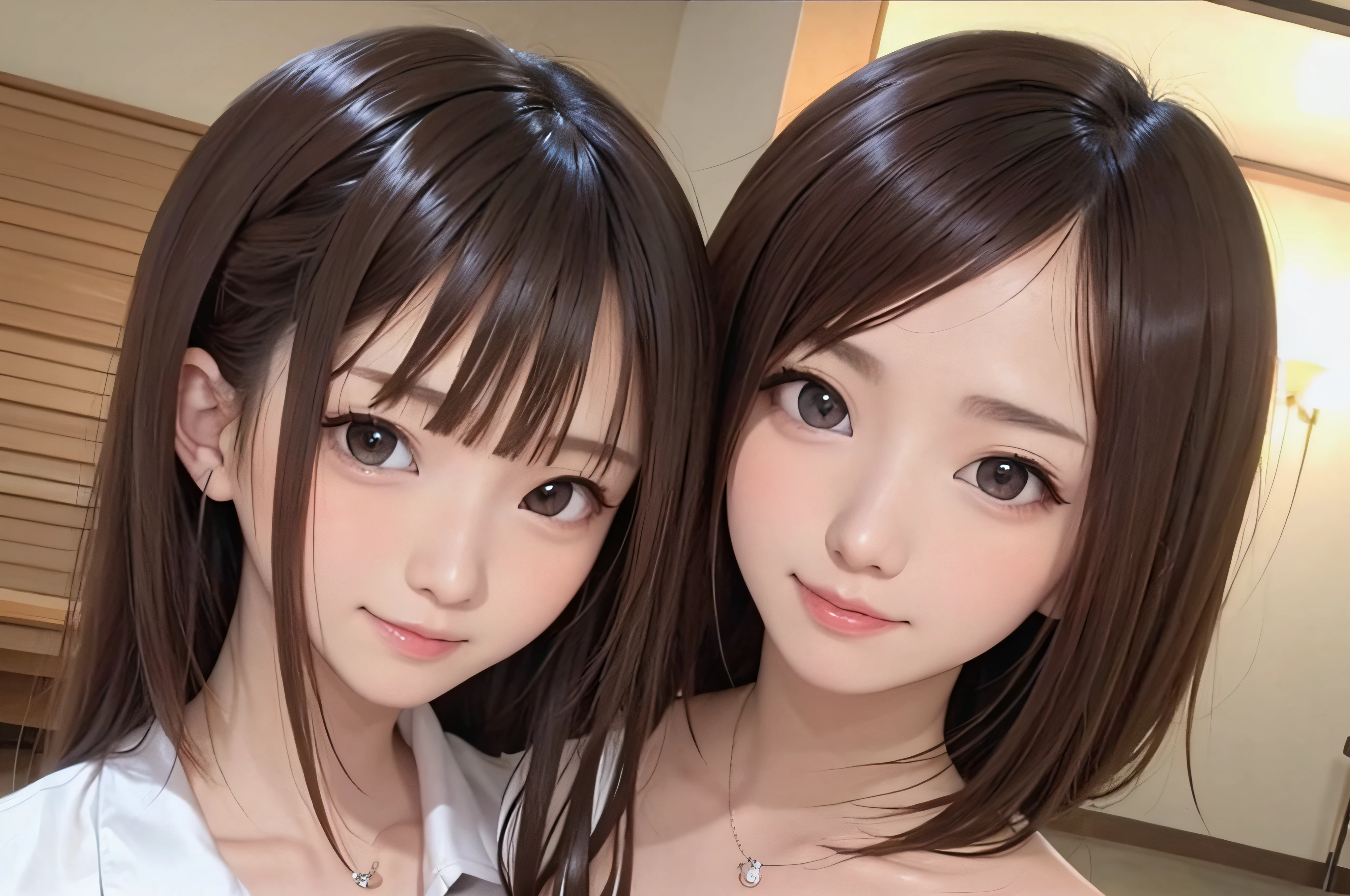 17 age、brown haired、beautidful eyes、real looking skin、small tits、(8K、​masterpiece)、(reallistic、Photorealsitic)、top-quality、ighly detailed、The ultra-detailliert、Beautie、cute little、japanes、Idol、a smile、Close-up portrait、Healthy face