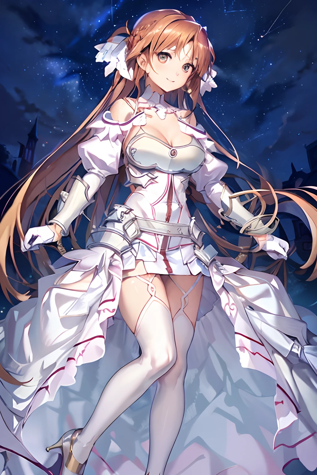 masterpiece, best quality, perfectanatomy,ultra detailed, stacia, 1girl, solo, large breasts, curvy body, good hands, (good legs), (good knees), (night sky, stars), long hair, breasts, looking at viewer, happy, bangs, brown hair, thighhighs, gloves, dress, cleavage, bare shoulders, brown eyes, very long hair, standing, white gloves, white dress, armor, white thighhighs, garter straps, white armor, high heels,
