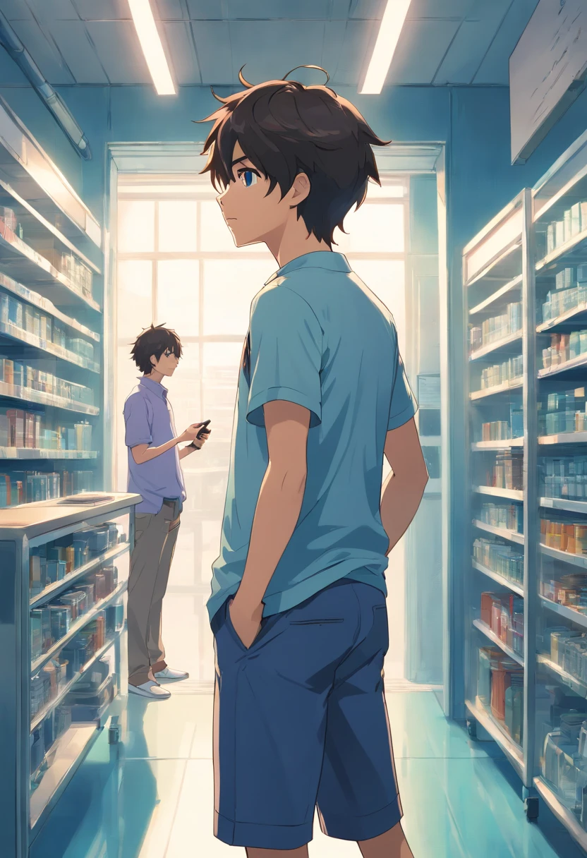 There's a man standing in a room with a cell phone in his hand, Photo adjustment, imagem de corpo inteiro, Jovem com short, imagem de qualidade muito baixa, imagem desfocada, em uma academia, thicc, stood in a lab, Foto de corpo inteiro de Steve, full body profile camera shot, in good physical shape, vestindo bermuda e camiseta, foto muito precisa