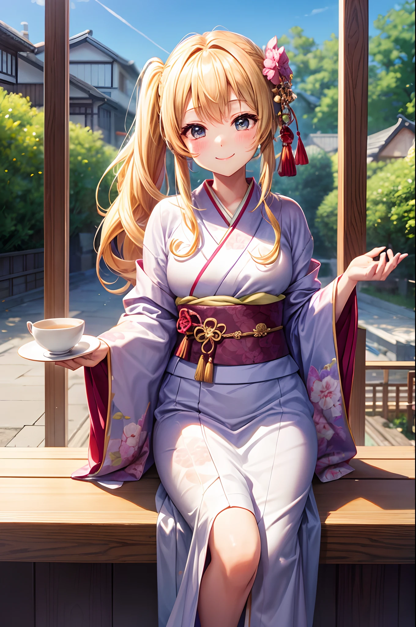 iowa_kantaicollection,
blonde_hair, long_hair, blue_eyes, star_\(symbol\), symbol-shaped_pupils, star-shaped_pupils, breasts, large_breasts, hair_between_eyes, smile, blush, open_mouth,
(masterpiece:1.4),(best quality:1.4), (premium:1.4), (great illustration:1.4), (ultra-detailed:1.4),(art CG, 8K),full body,1girl,solo,KonishiCSA,
(kimono:1.4),(green tea:1.4),holding Ceramics yunomi,smile,sitting,