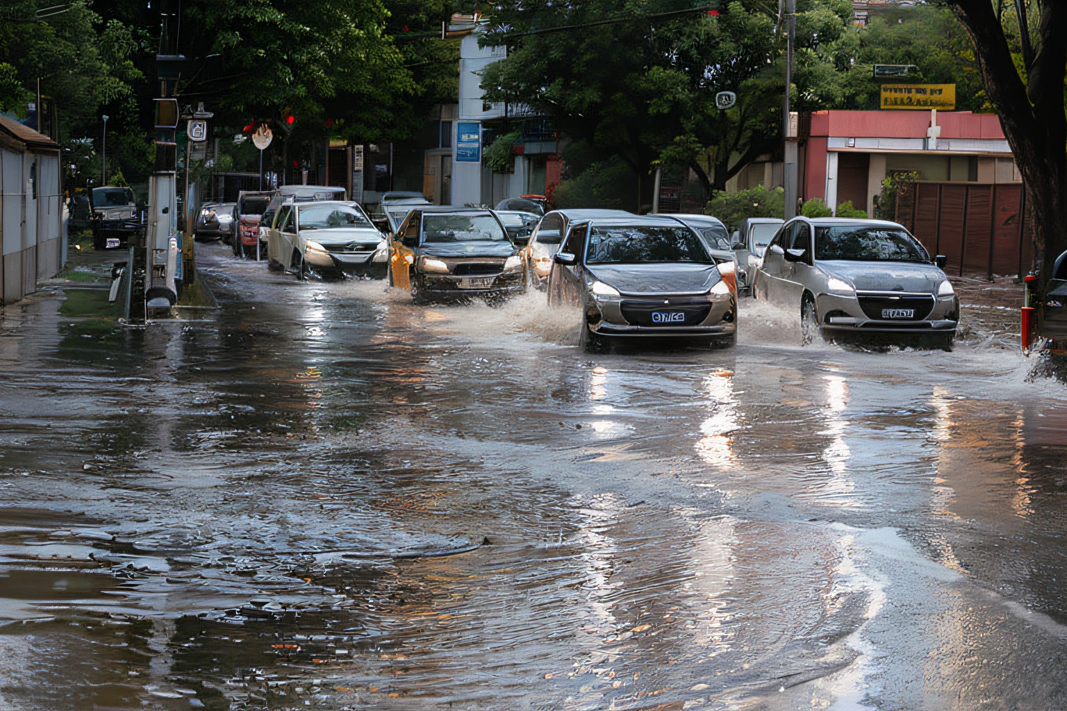 carros dirigindo por uma rua alagada em uma cidade, Cidade inundada, subsiding floodwaters, alagado, completamente inundado, ruas molhadas, humid climate, wet puddles on street, water - logged, piso molhado nas ruas, carros flutuantes, floods, flooding, Rua molhada, chuvas intensas, water puddles, wet pavement, puddles of water, chuva densa, chuvas intensas