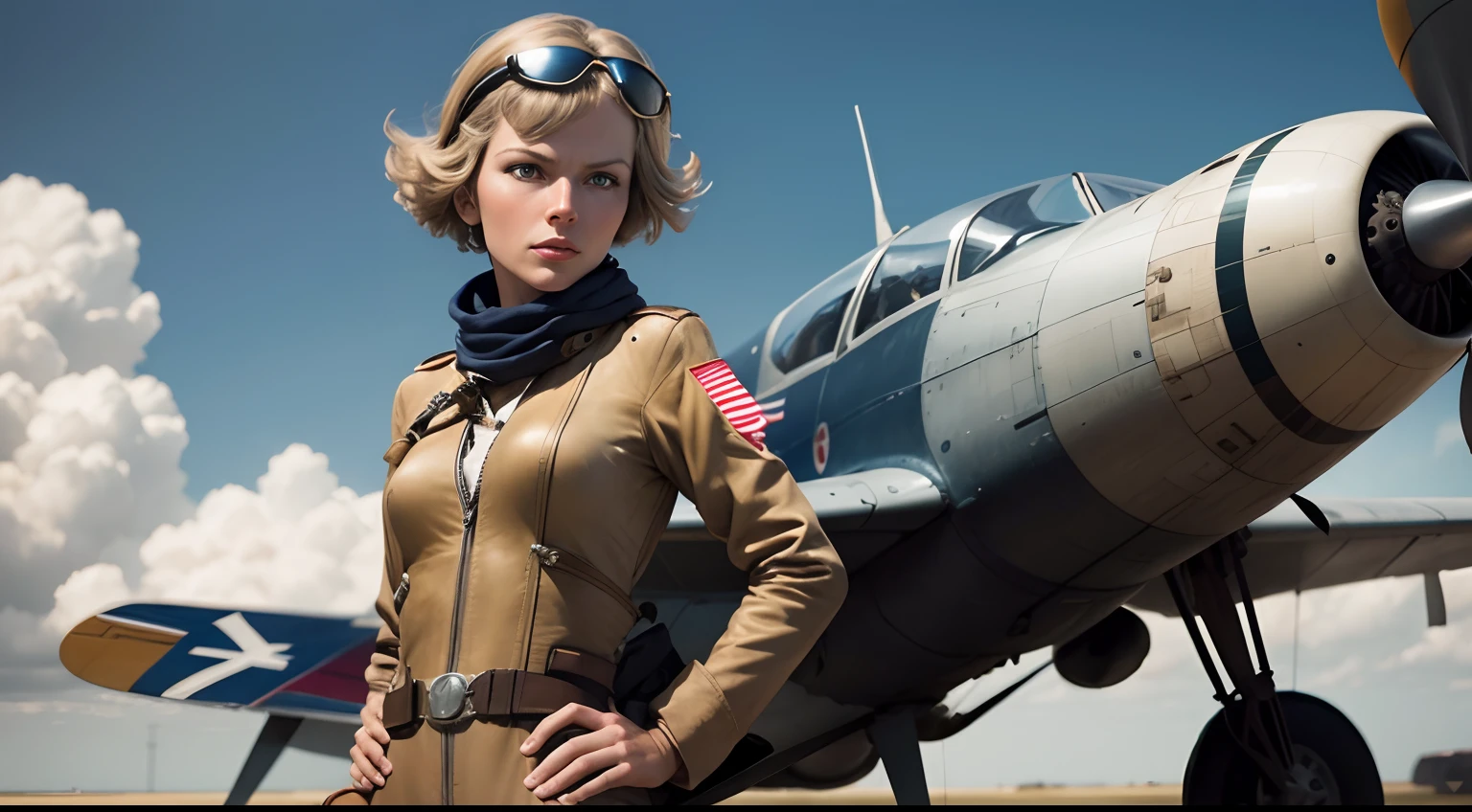 Amelia Earhart, A confident airwoman with a determined look in her eyes, standing next to his plane. Amelia Earhart, A confident airwoman with a determined look in her eyes, , standing next to his plane.