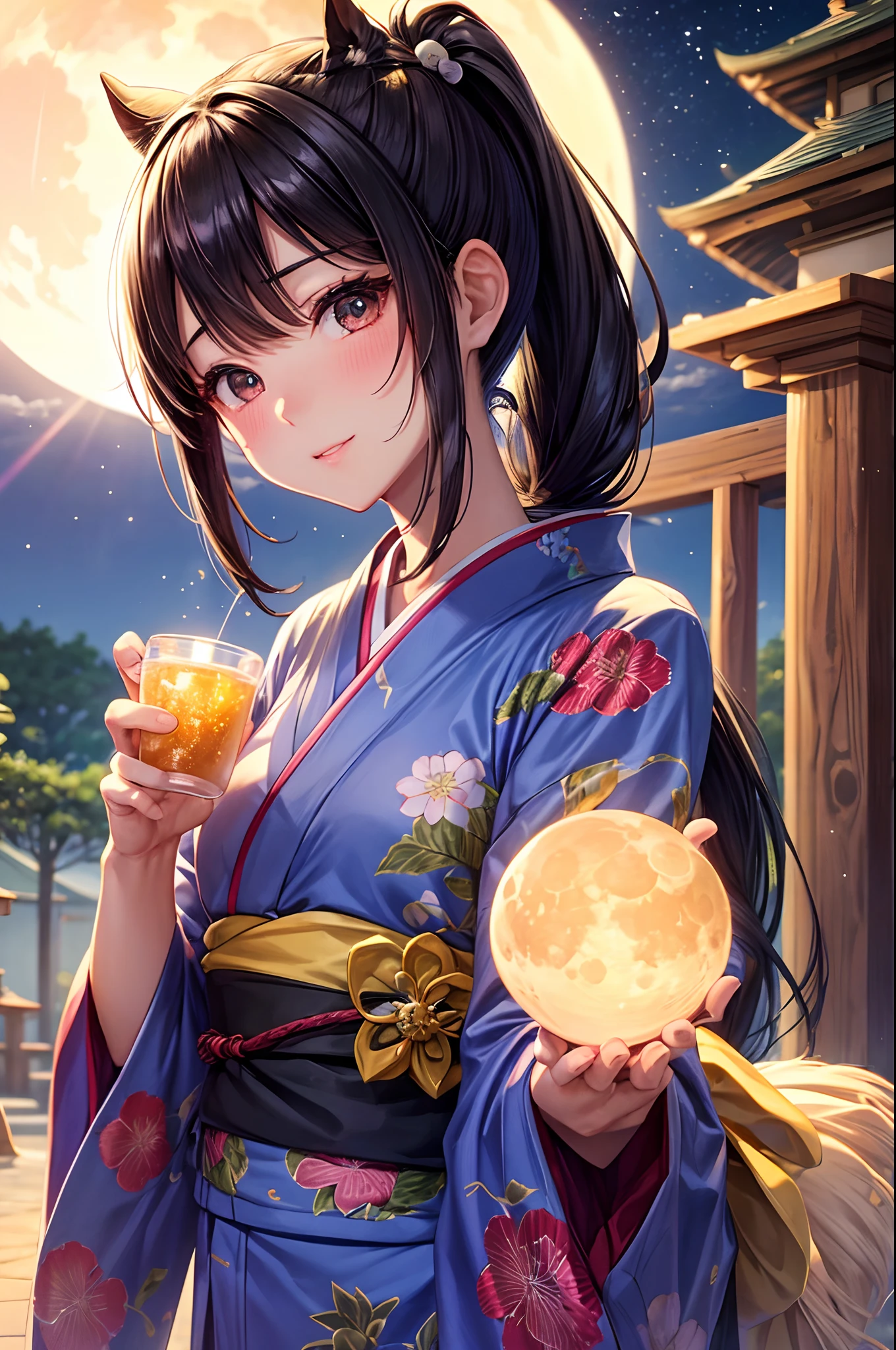 Best Quality、、Very cute、Terena's face、poneyTail、Moon Night、Black hair、Schools、I want to blush、Staring at this、Wink、twinkling、Kimono、Serve tea