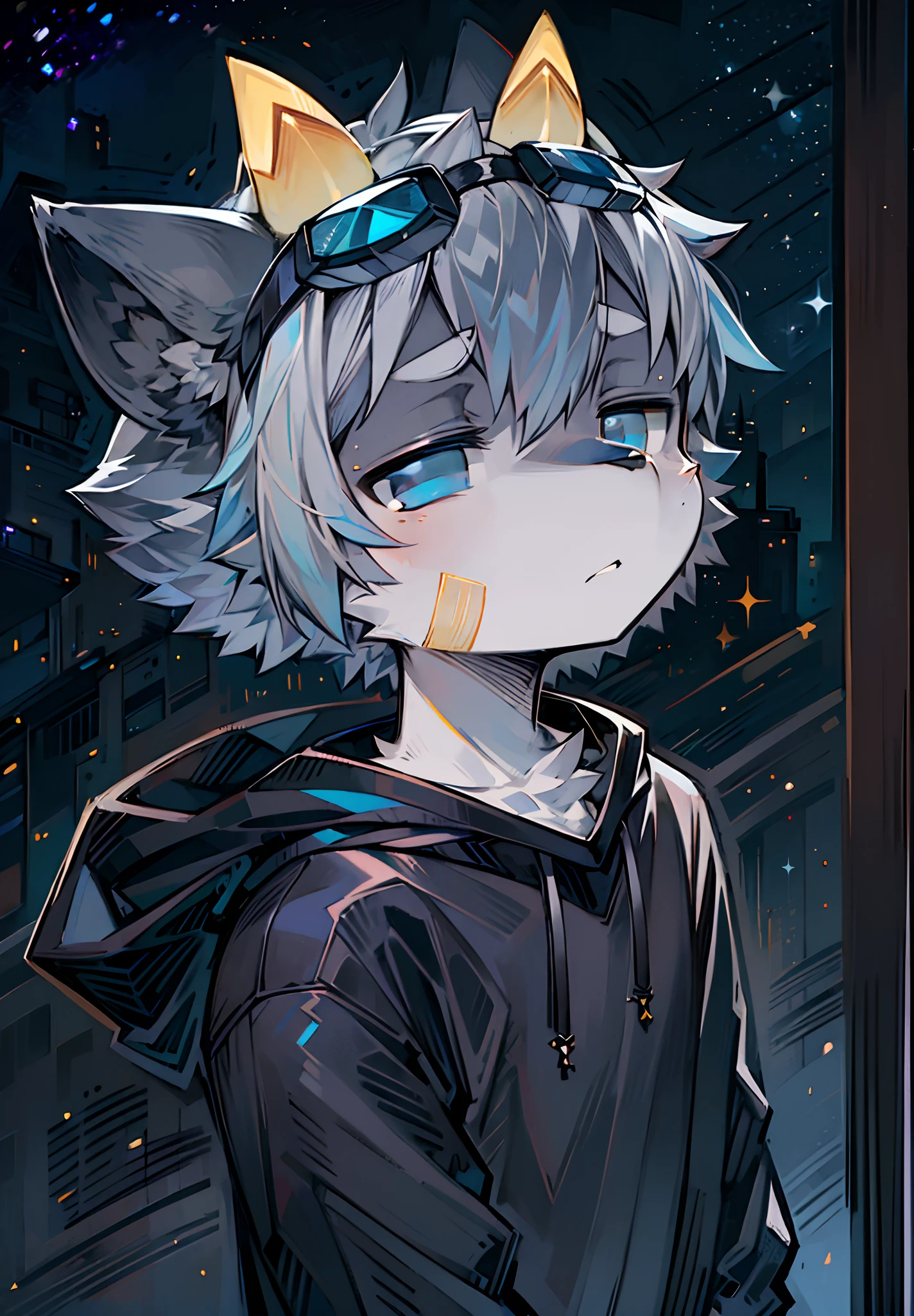 Beast too，Light gray hair，sideface，head portrait，Dark blue-gray fur，Deep blue-black eyes，Melancholy Look，Grey design sweatshirt，Background of dark starry sky，big headed，fica sozinha，Shota，The bangs are dyed dark black gray，Black ears，Yellow horns，There are bandages on the face