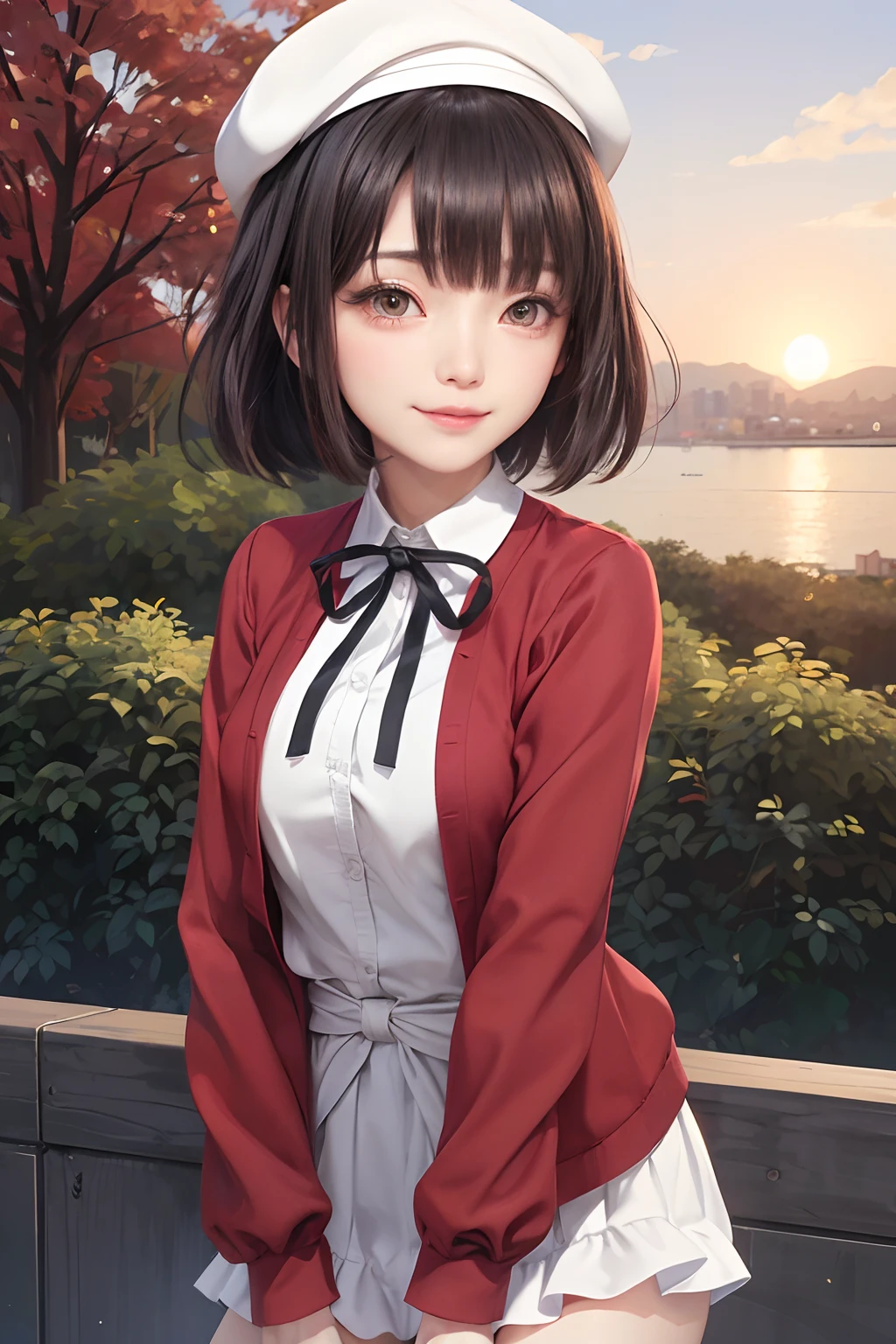 (masutepiece, top-quality),1girl in, 独奏, Black lustrous hair, scarf, Hats, realisitic, looking at the viewers, black eyes of light color, shorth hair, coat, Winter clothes, White headscarf, s lips, lipgloss，bangss,, a closed mouth, The upper part of the body、big eye、Lashes、((Street))、((Shorthair with bangs、big eye、Put very strong highlights in your students、very Bigger breasts、gazing at viewer、Very beautiful beauty、Put all your ears out、long neck、little smiling、Close your mouth and smile、Look firmly at the camera)))、