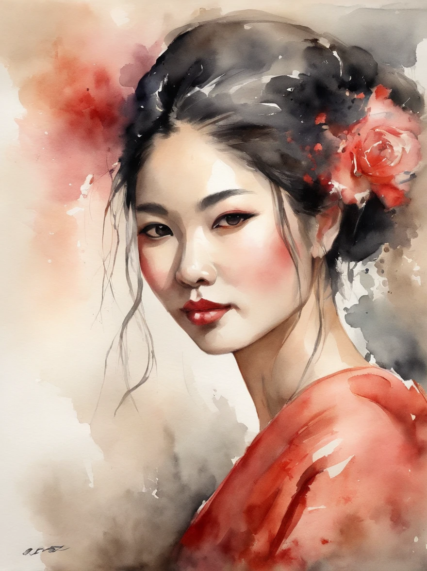 Watercolor painting of a Very Beautiful Japanese girl : : Trending on Artstation: : Simple composition creates a sense of order and harmony. The painting reflects the spiritual qualities of the natural world. --up light --ar 9:16